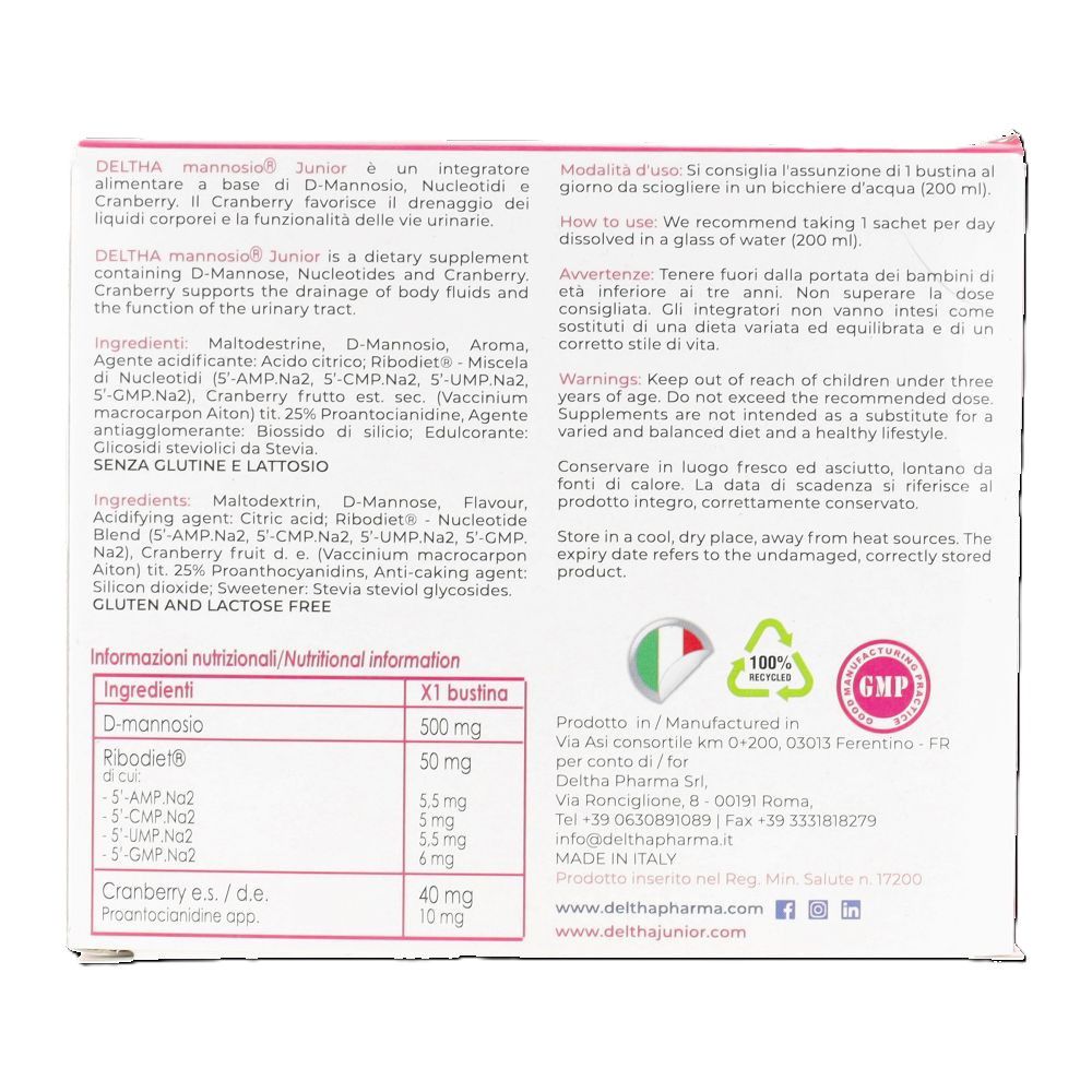 Retro della scatola rosa. Informazioni sugli ingredienti e nutrizionali. Contiene D-mannosio, Ribodiet, mirtillo rosso e altro.