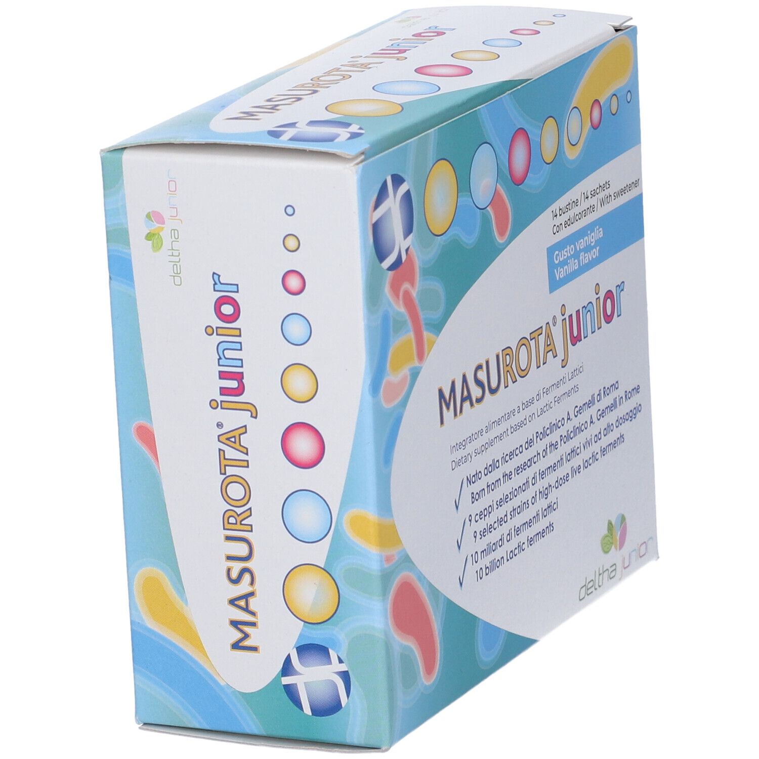 Scatola Masurota Junior. Scritto: Gout vanille. Contiene 14 bustine. Contiene 10 miliardi di fermenti lattici.