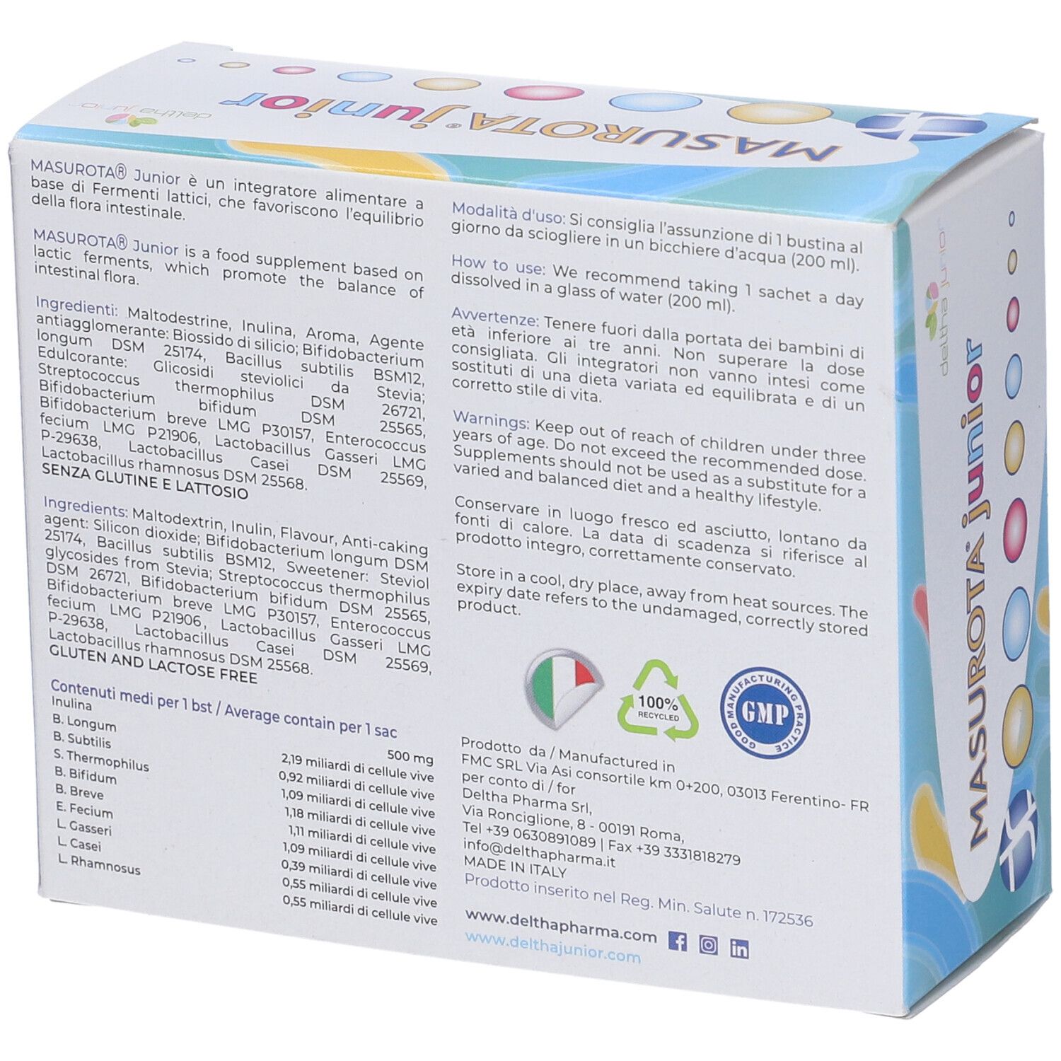 Retro della confezione Masurota Junior. Contiene informazioni sugli ingredienti e l'uso. Senza glutine e lattosio.