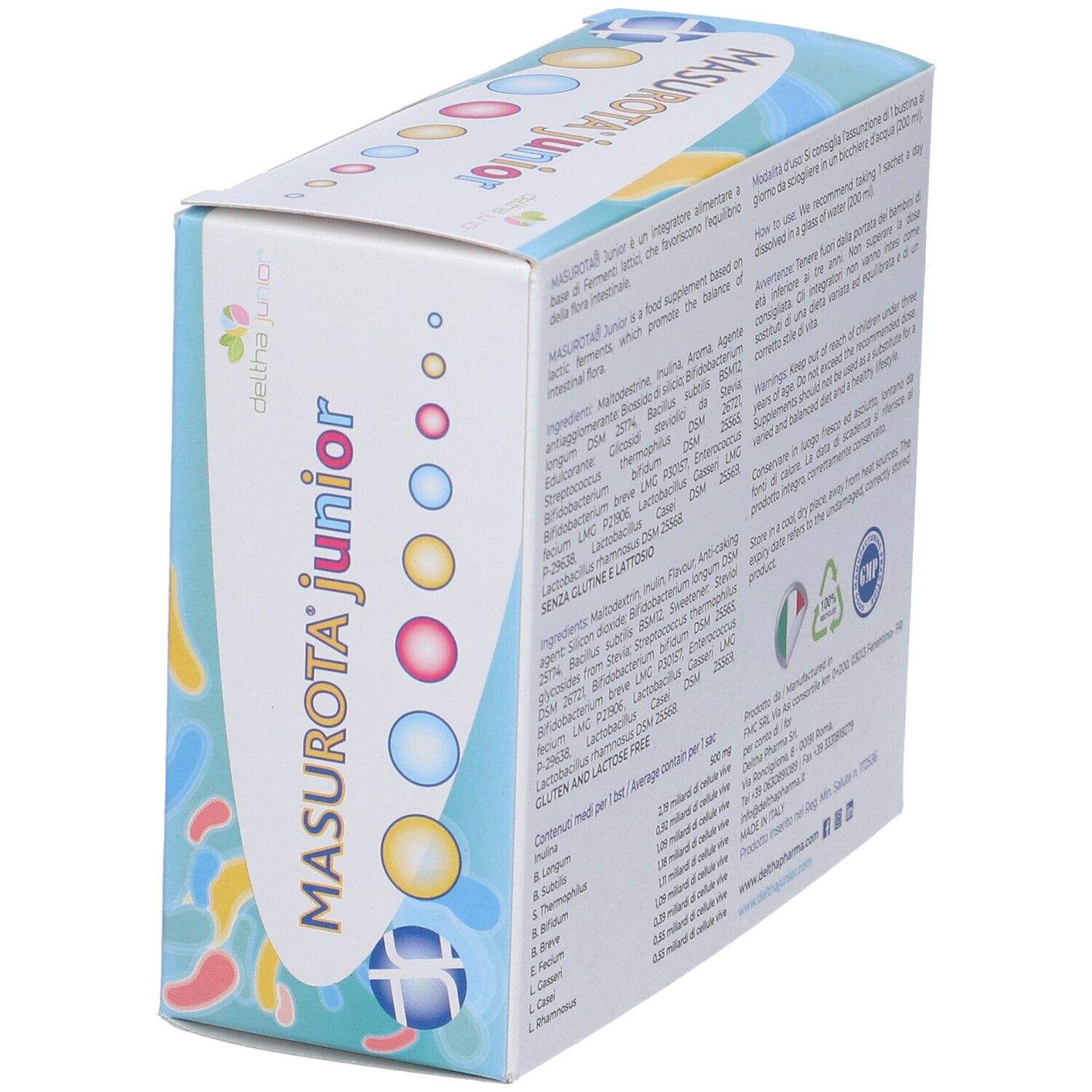 Confezione Masurota Junior. Contiene informazioni sugli ingredienti e l'uso. Senza glutine e lattosio.