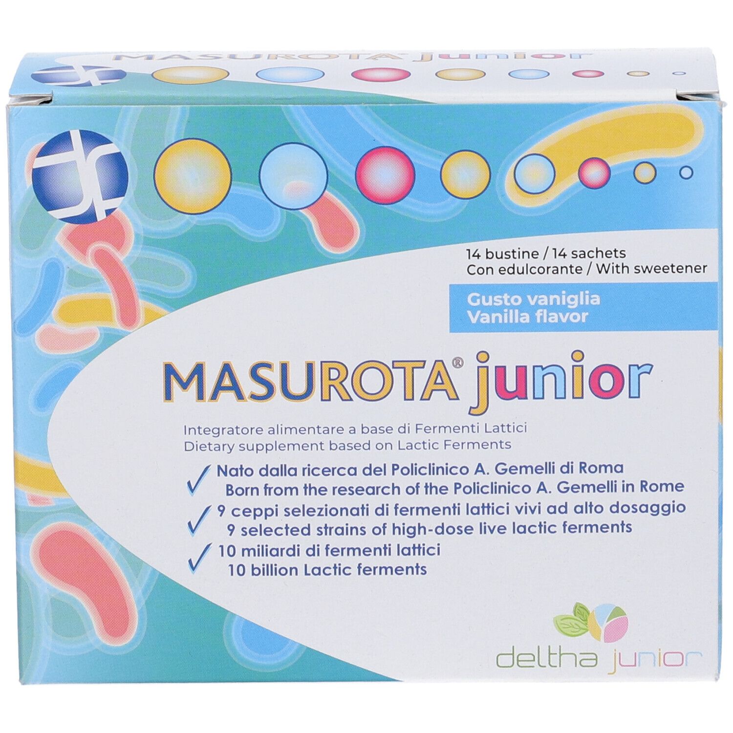 Scatola Masurota Junior, 14 bustine. Scritto: Gout vanille. Contiene 10 miliardi di fermenti lattici.