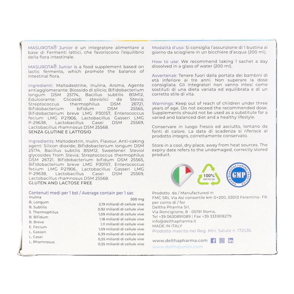 Retro della scatola Deltha Junior MASUROTA junior. Ingredienti, istruzioni per l'uso, avvertenze, certificazioni e informazioni del produttore.