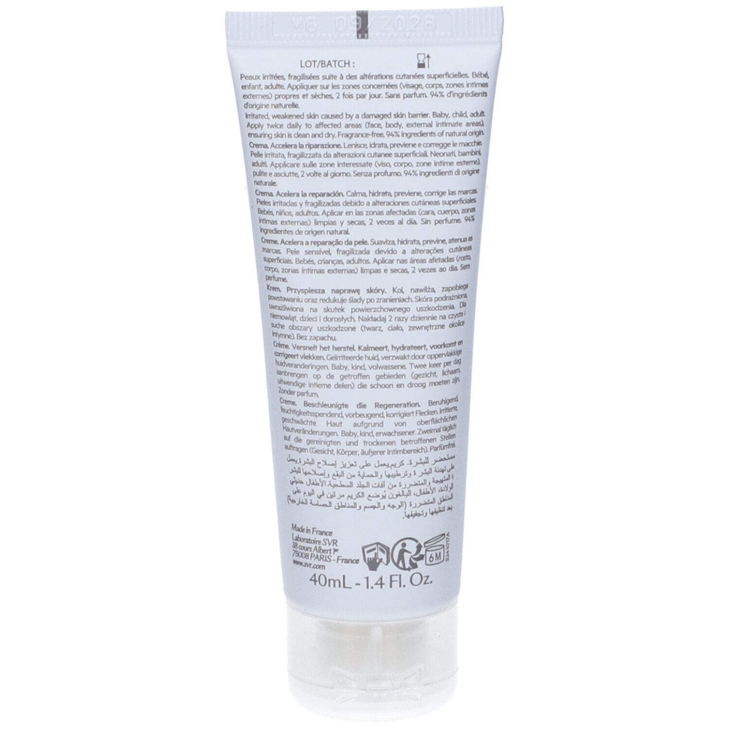 Retro del tubo con informazioni sul prodotto e ingredienti. Testo in più lingue, tra cui l'italiano.