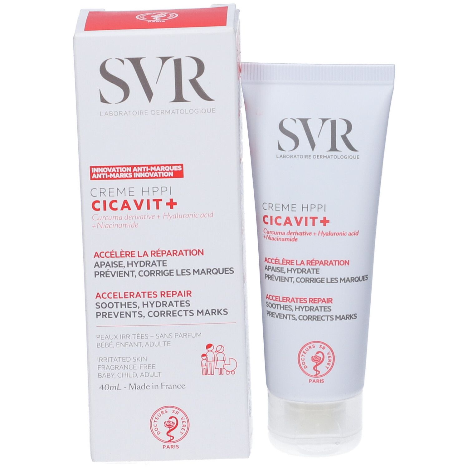 Confezione del prodotto con tubo e scatola. Scatola con logo SVR e nome del prodotto CICA-VIT+ Crema HPPI.