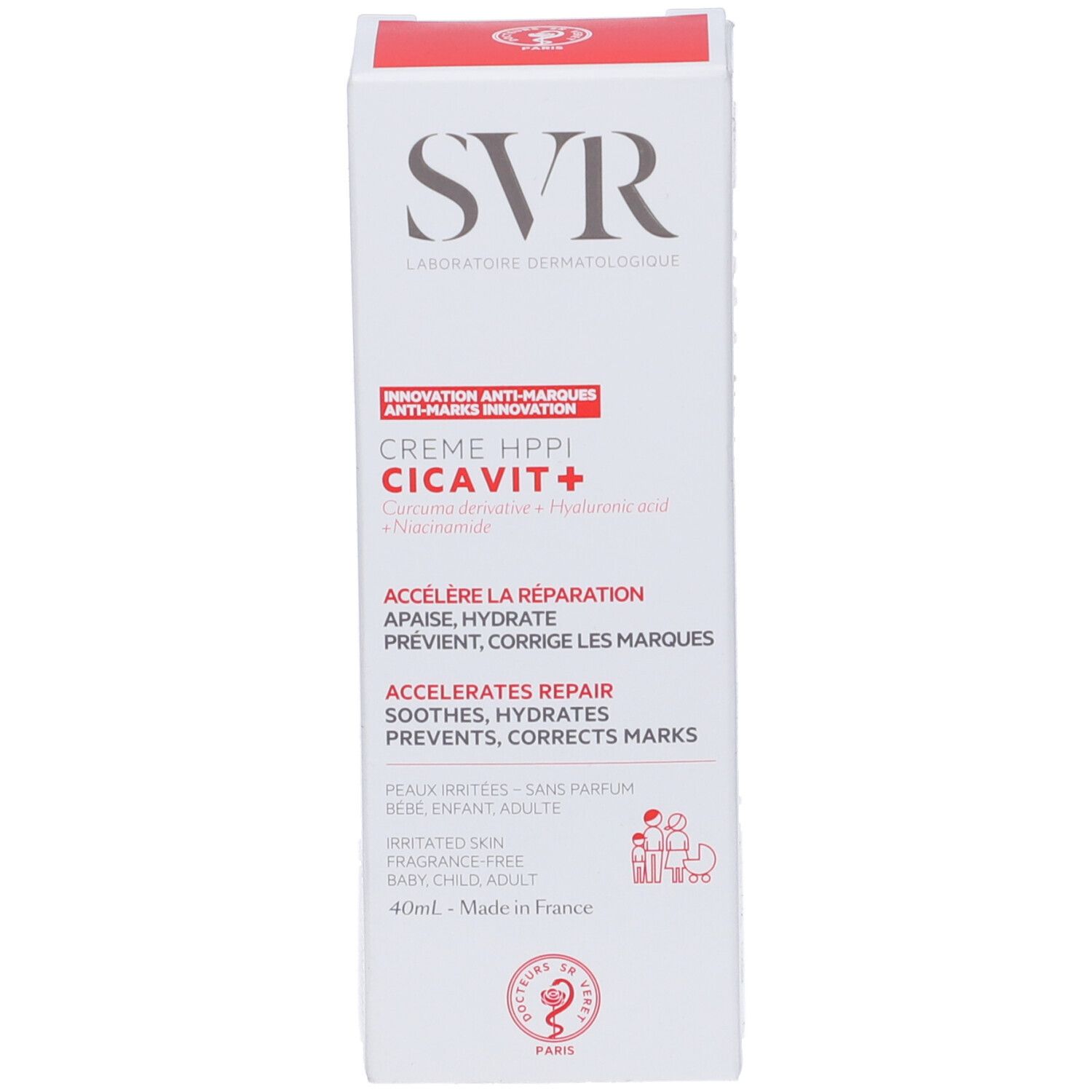 Scatola bianca con logo SVR e nome del prodotto CICA-VIT+ Crema HPPI. Striscia rossa in alto.