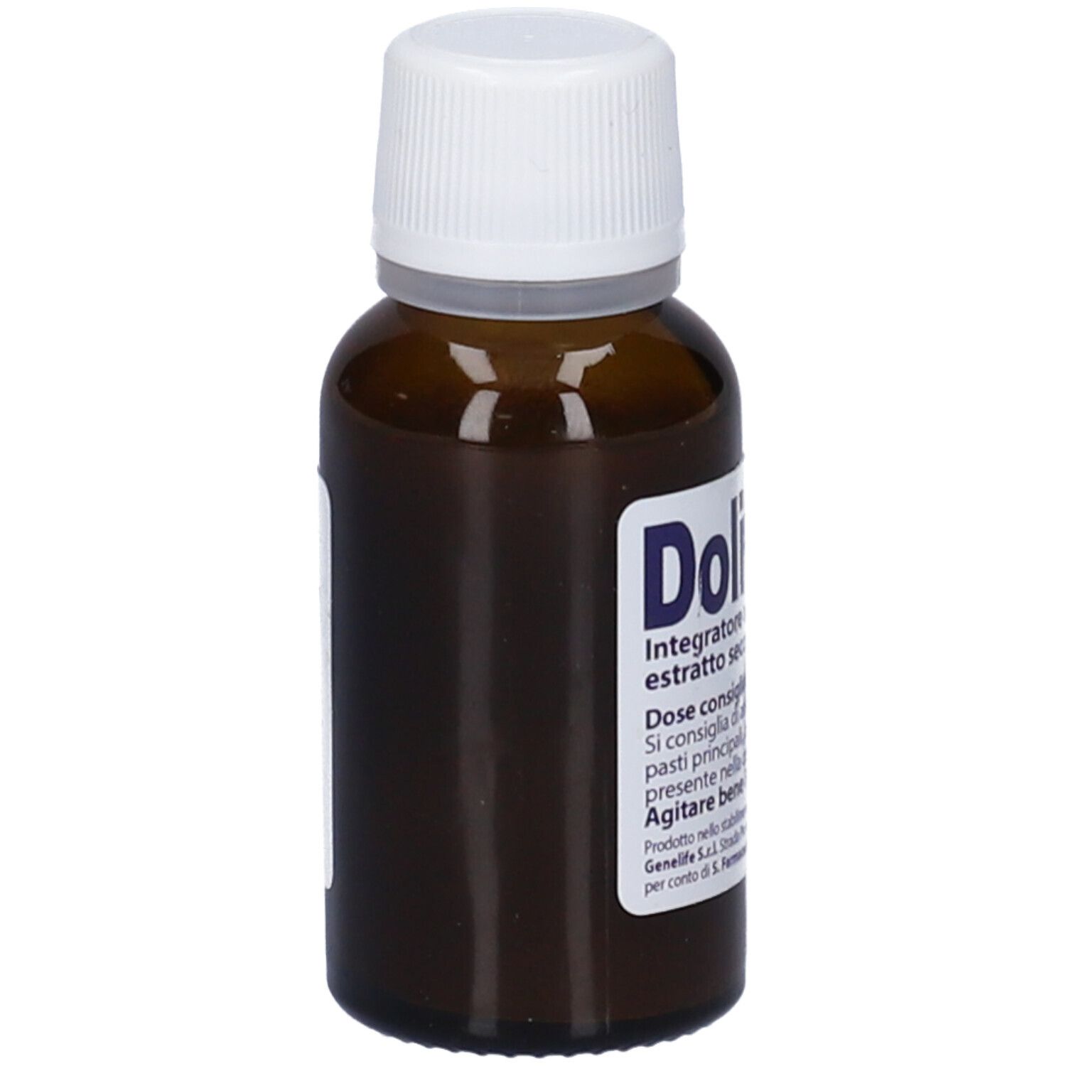 Flacone di vetro marrone con tappo bianco. Etichetta con informazioni sul prodotto. Integratore alimentare.