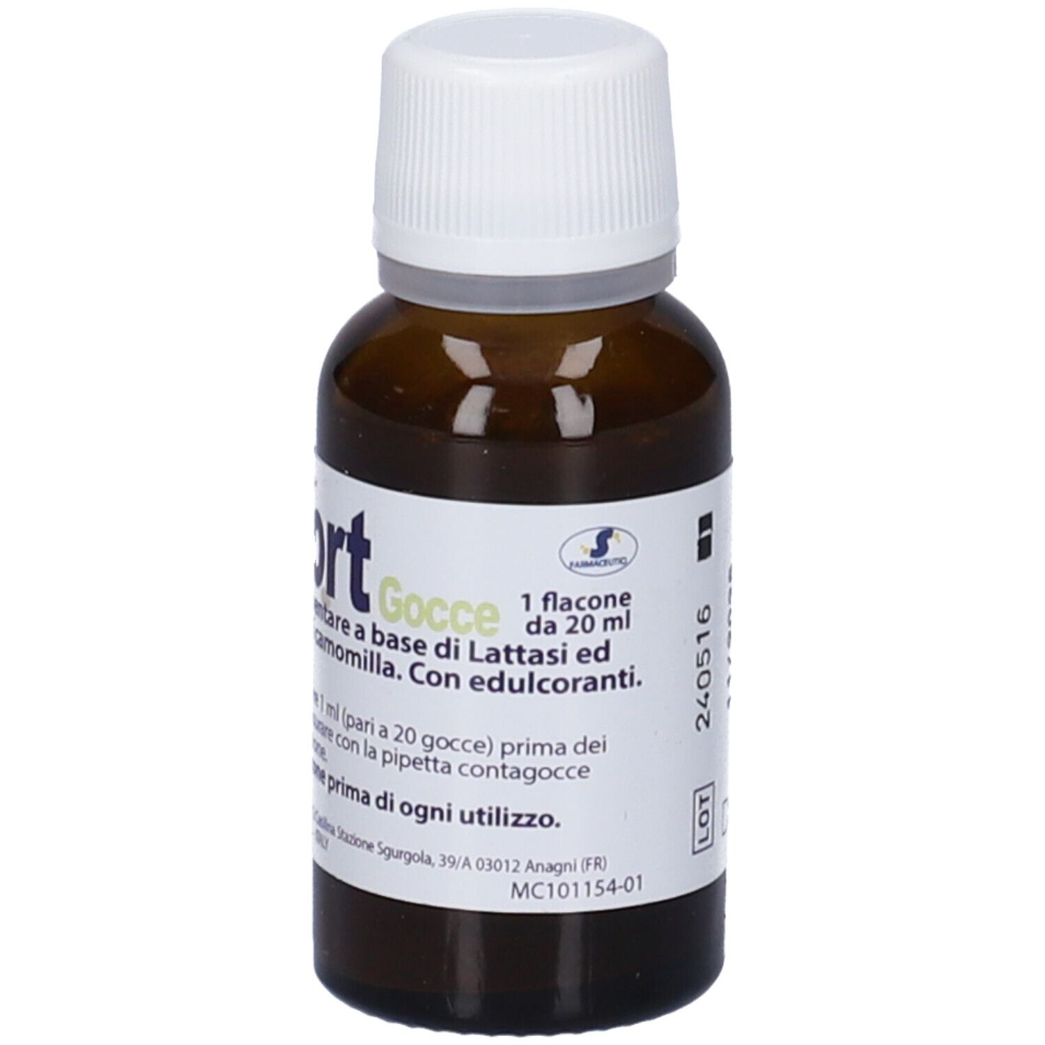 Flacone di vetro marrone con tappo bianco. Etichetta con nome e testo del prodotto. Integratore alimentare.