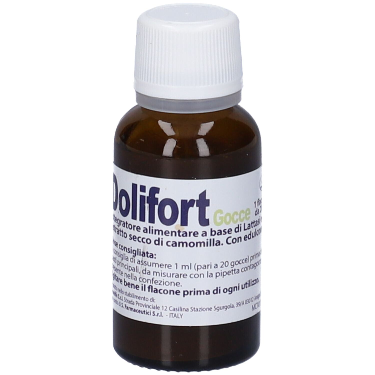 Flacone di vetro marrone con tappo bianco. Etichetta con nome e testo del prodotto. Integratore alimentare.