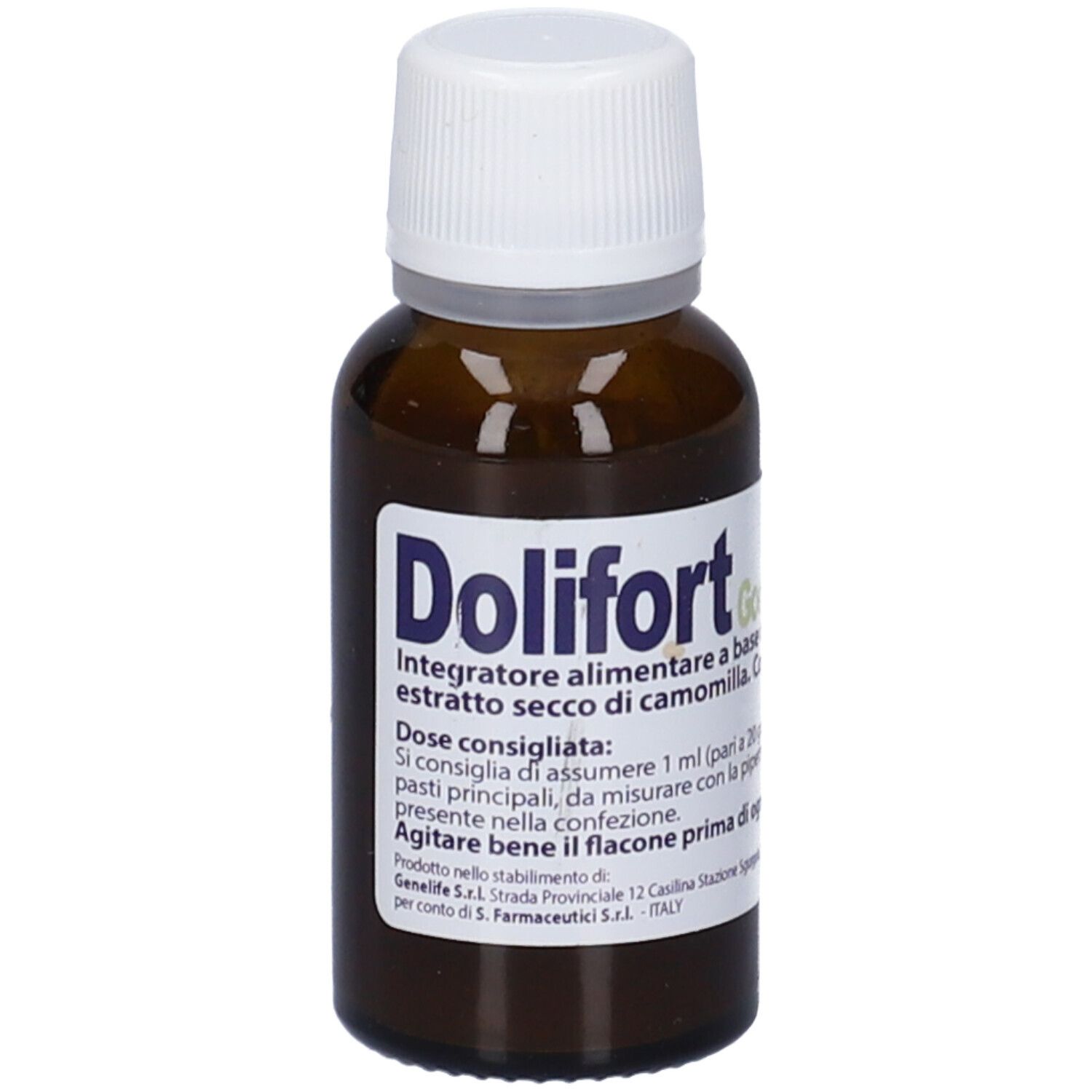 Flacone di vetro marrone con tappo bianco. Etichetta con nome e testo del prodotto. Integratore alimentare.