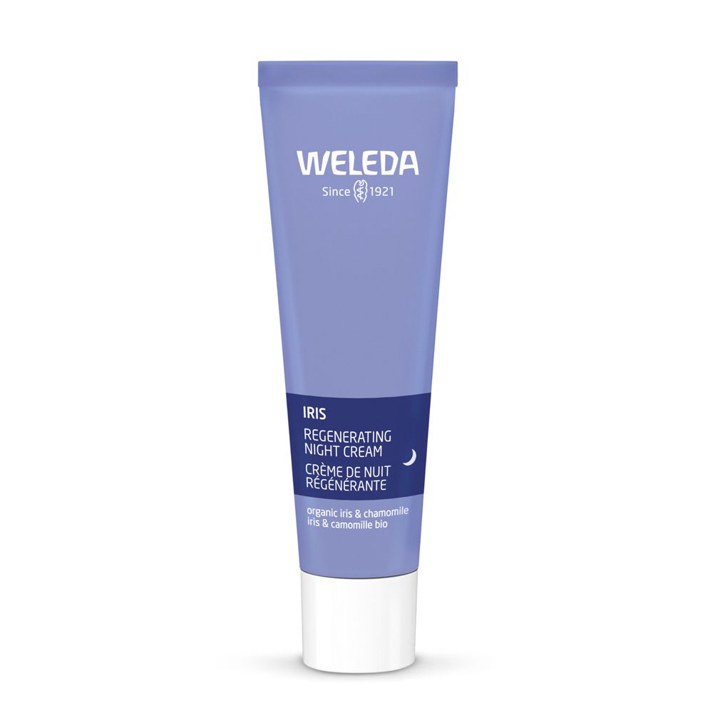 Tubo Weleda. Crema Notte Rigenerante Iris. Tubo viola con tappo bianco. Testo: Iris, Crème de Nuit Régénérante.