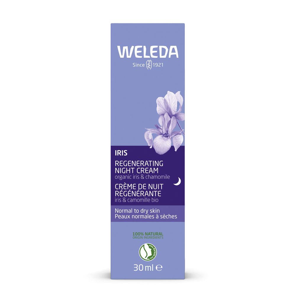 Scatola Weleda. Crema Notte Rigenerante Iris. Scatola viola con fiori di iris. Testo: Iris, Crème de Nuit Régénérante.
