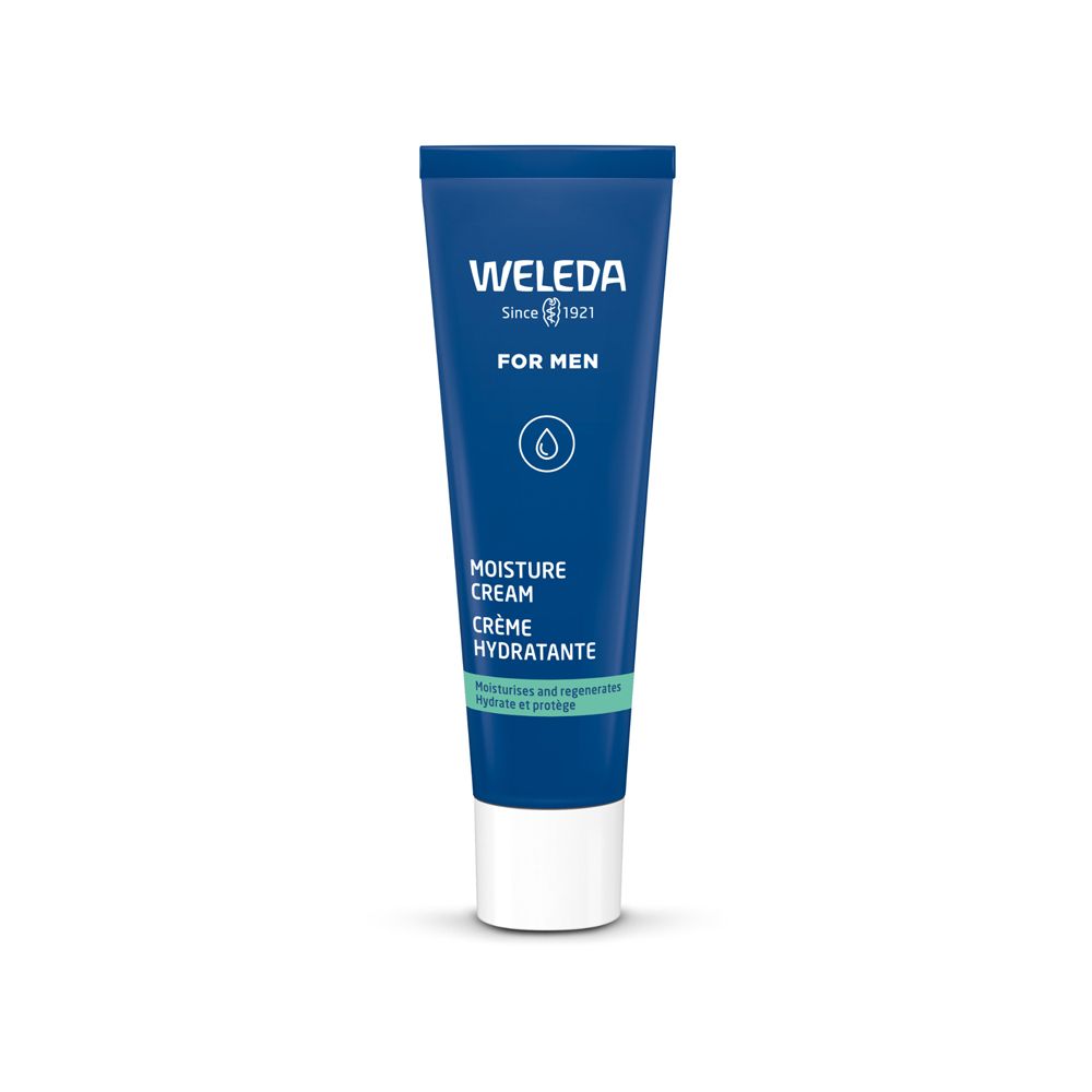Tubo blu con tappo bianco. Scritta: WELEDA, FOR MEN, MOISTURE CREAM, CRÈME HYDRATANTE.