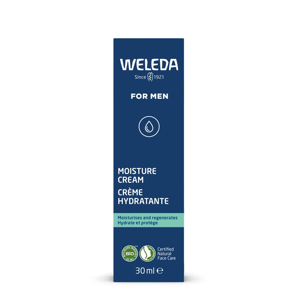 Confezione blu scuro. Scritta: WELEDA, FOR MEN, MOISTURE CREAM, CRÈME HYDRATANTE. Sigillo bio.