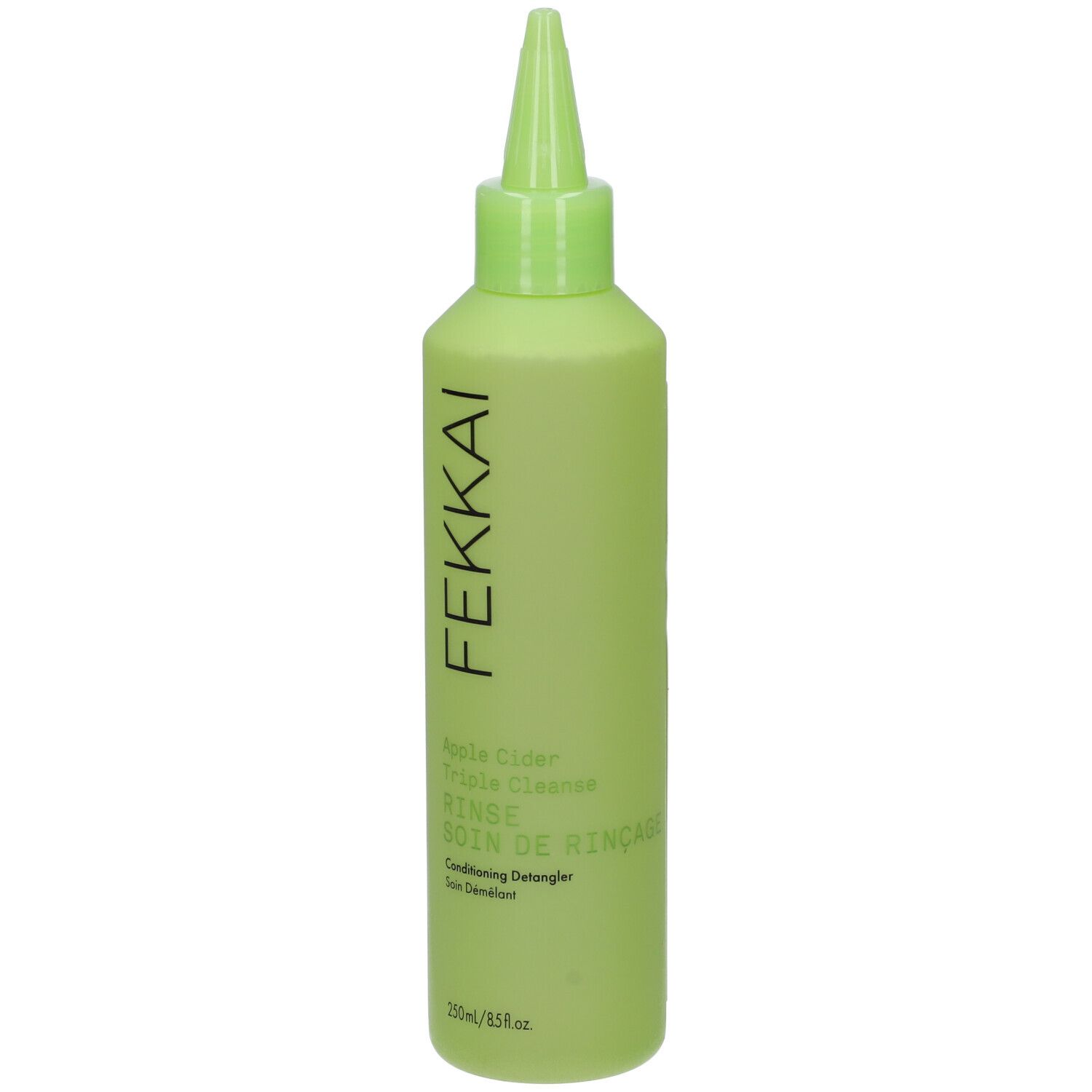 Flacone verde chiaro con tappo a punta. Scritta: FEKKAI, Apple Cider Triple Cleanse Rinse, 250ml.
