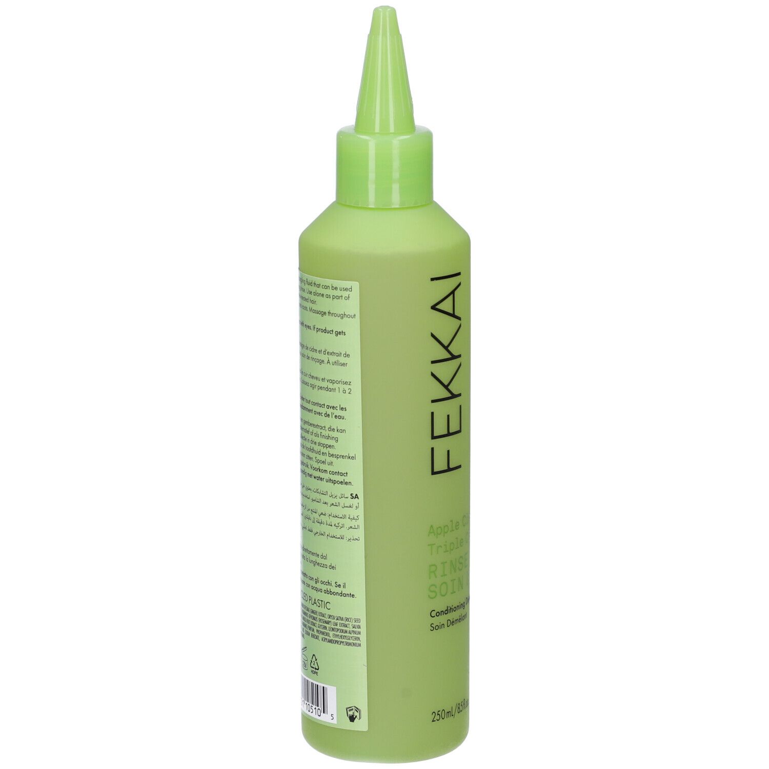 Flacone verde chiaro con tappo a punta. Retro con testo e loghi. Scritta: FEKKAI, 250ml.