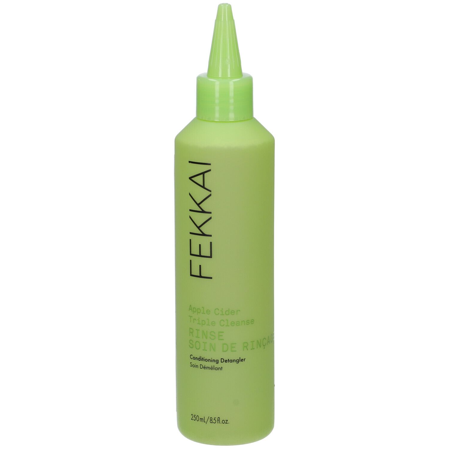 Flacone verde chiaro con tappo a punta. Scritta: FEKKAI, Apple Cider Triple Cleanse Rinse, 250ml.