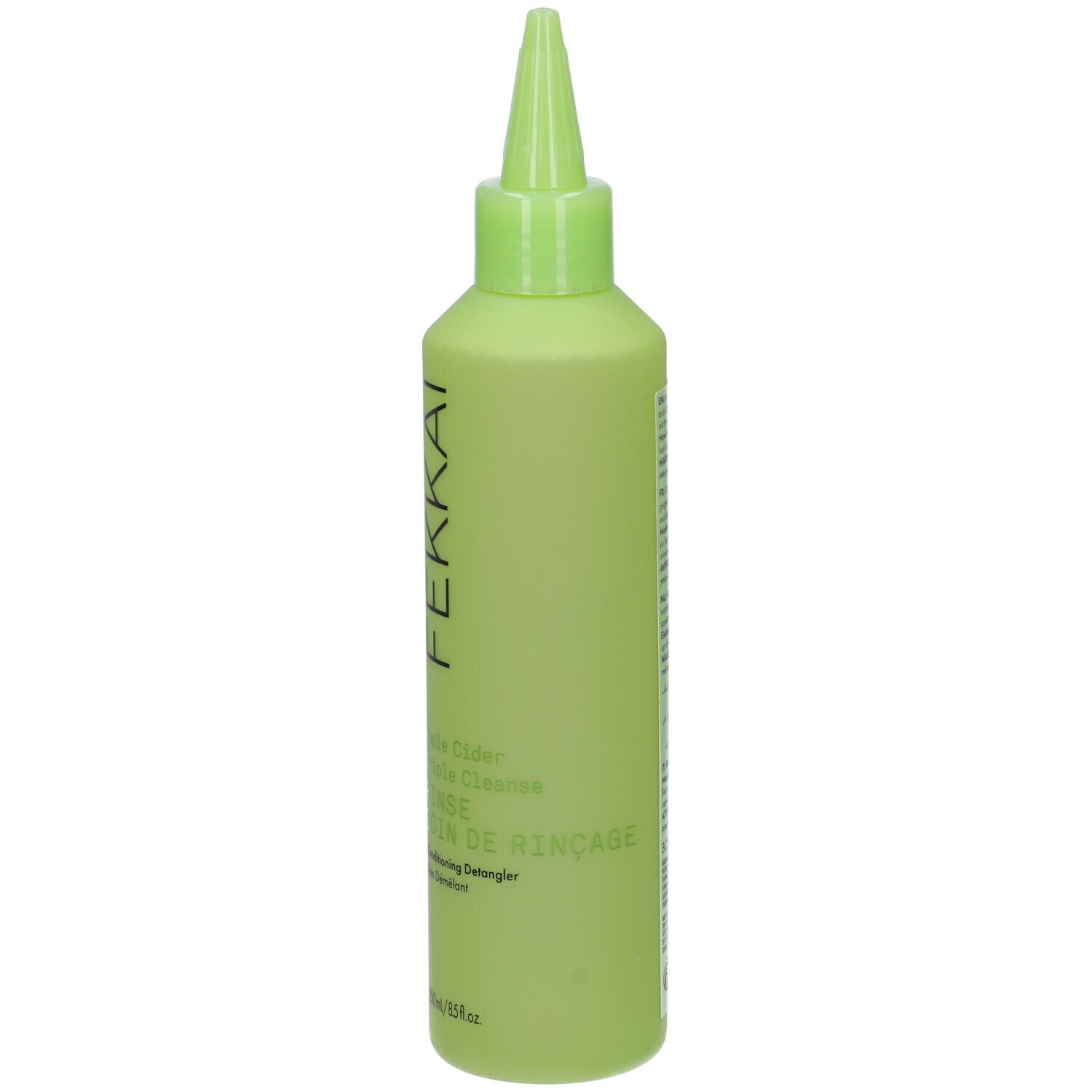 Flacone verde chiaro con tappo a punta. Scritta: FEKKAI, Apple Cider Triple Cleanse Rinse, 250ml.