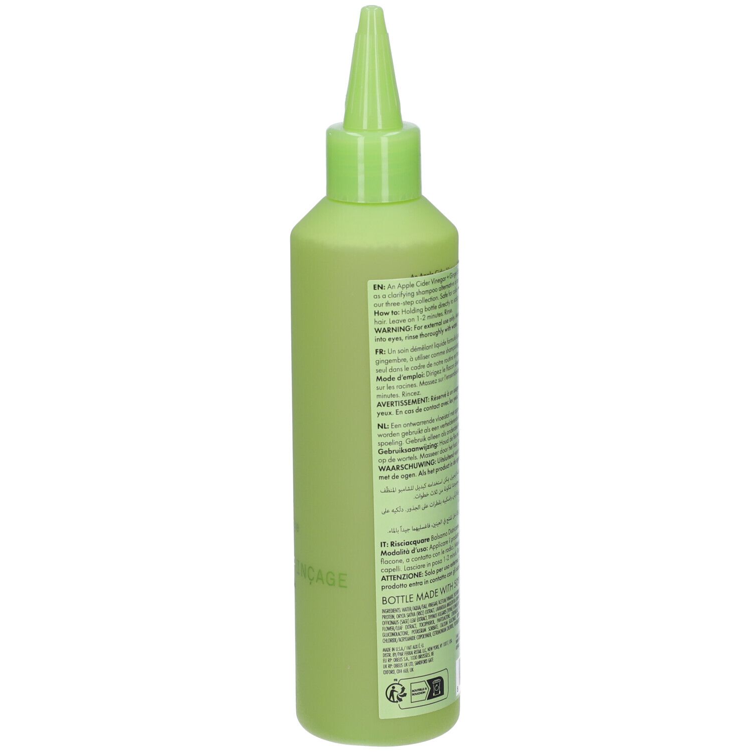 Flacone verde chiaro con tappo a punta. Retro con testo e loghi. Scritta: FEKKAI, 250ml.