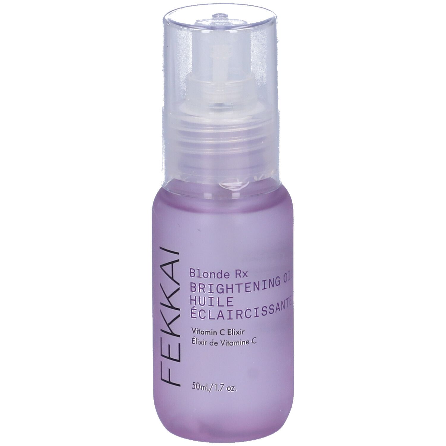 Flacone Fekkai Blonde Rx Brightening Olio. Liquido viola con erogatore. Etichetta del prodotto visibile.