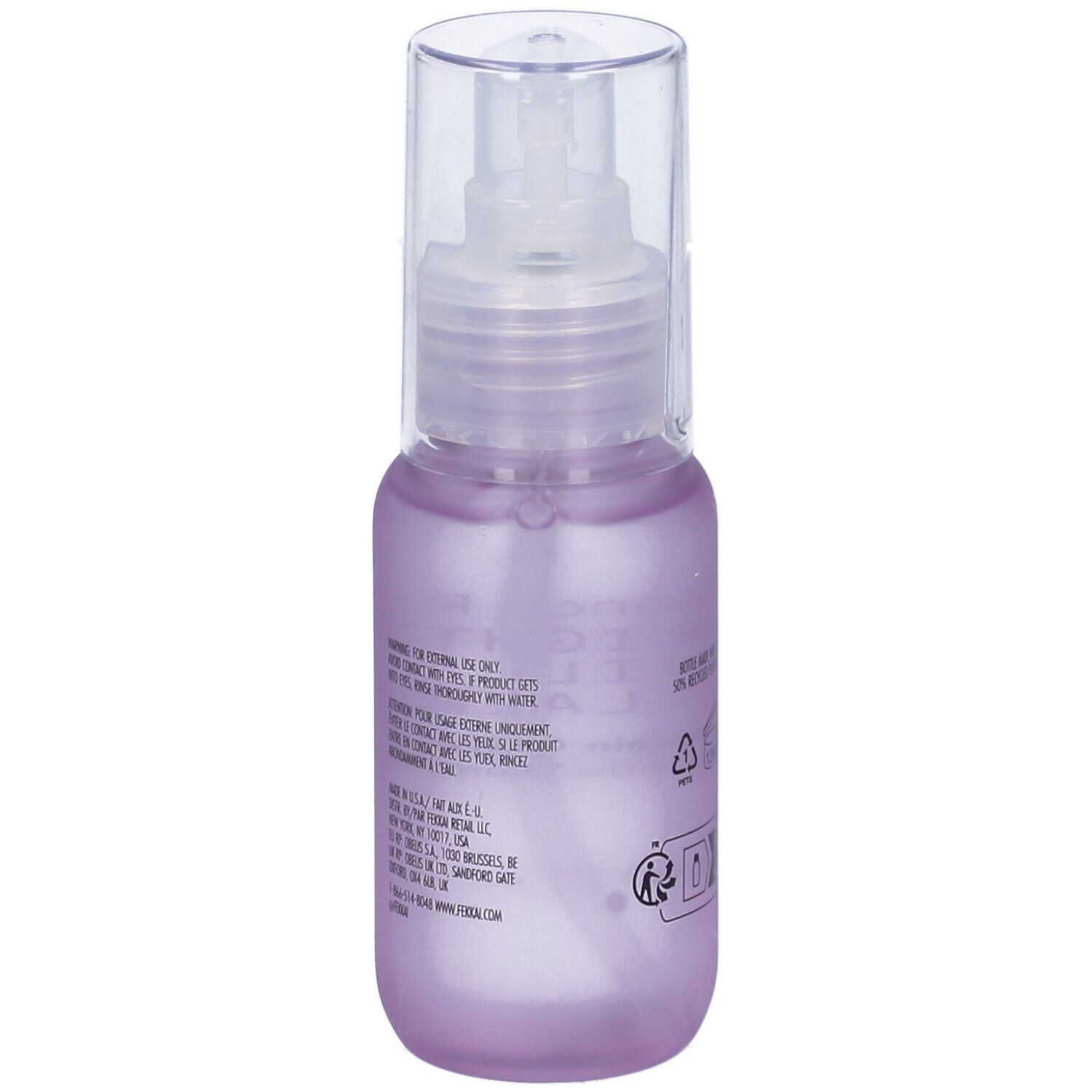 Flacone Fekkai Blonde Rx Brightening Olio. Liquido viola con erogatore. Etichetta del prodotto visibile.