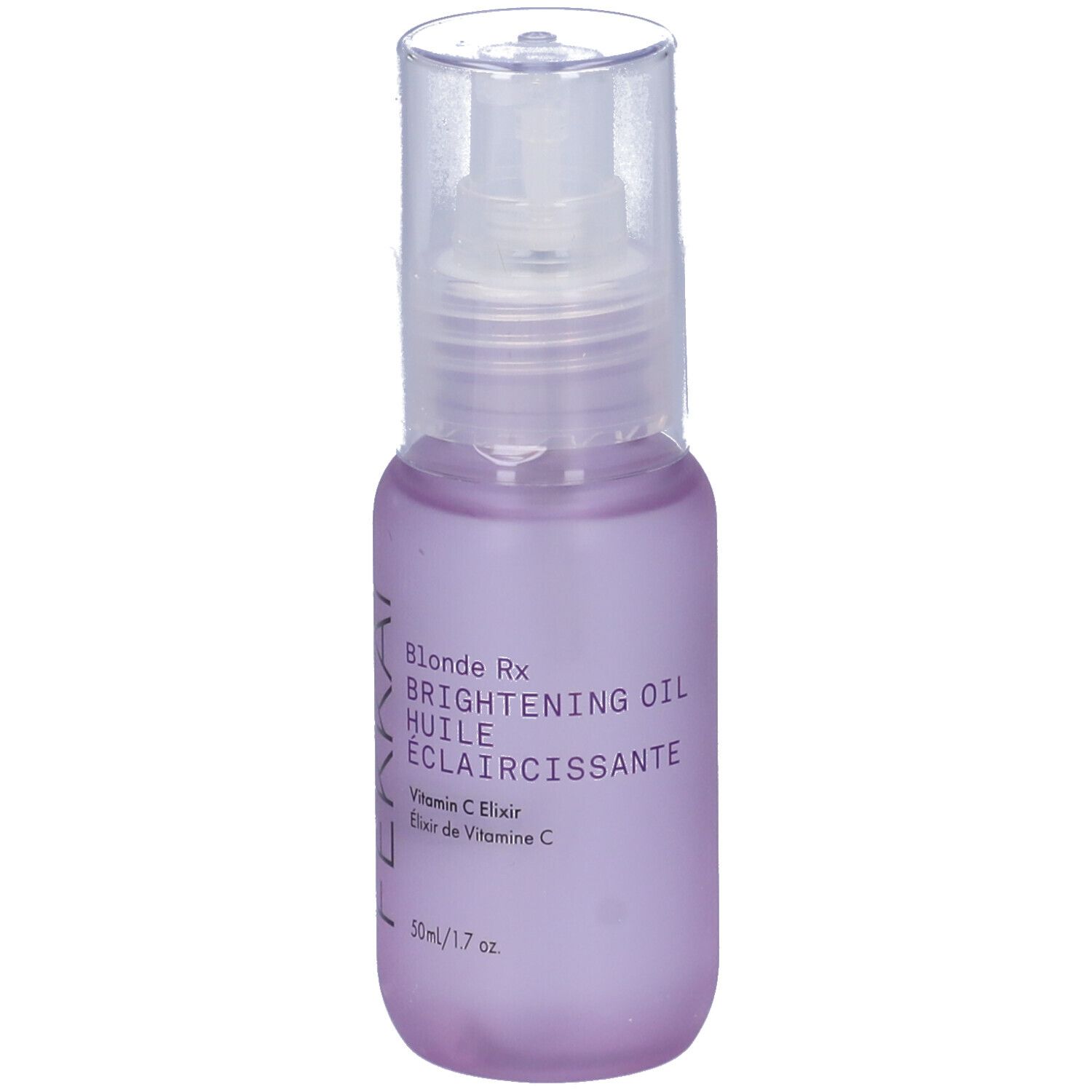 Flacone Fekkai Blonde Rx Brightening Olio. Liquido viola con erogatore. Etichetta del prodotto visibile.