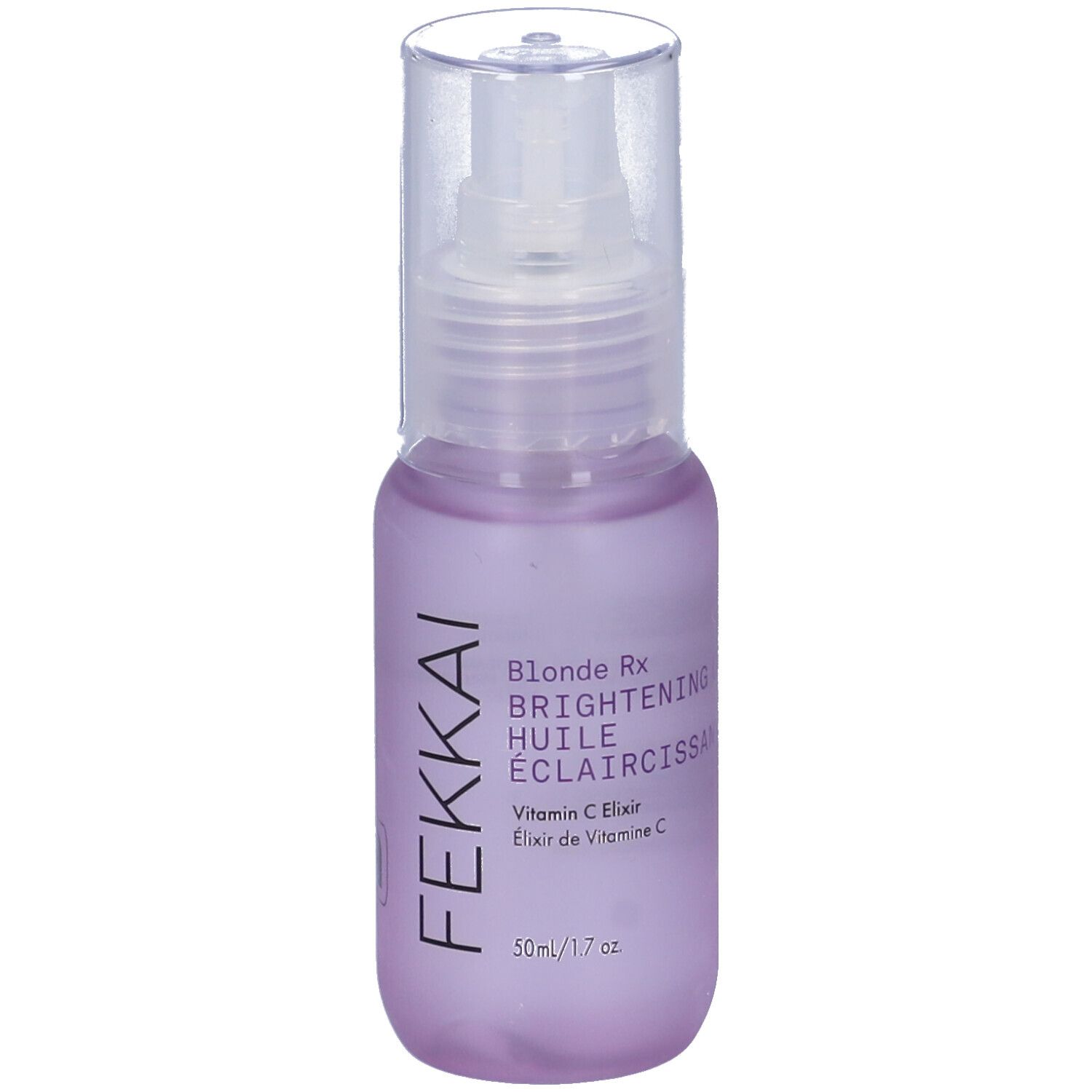 Flacone Fekkai Blonde Rx Brightening Olio. Liquido viola con erogatore. Etichetta del prodotto visibile.