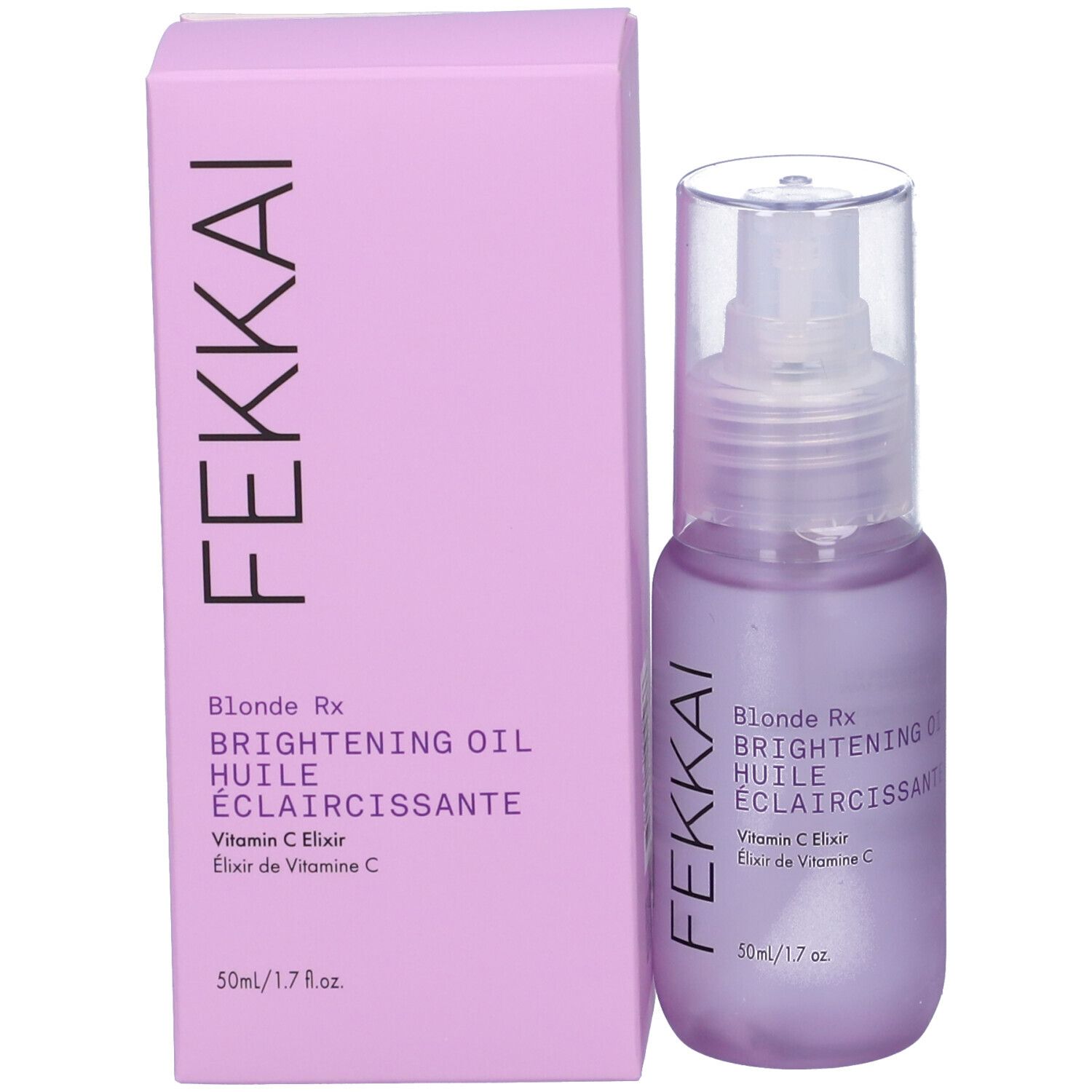 Flacone e confezione Fekkai Blonde Rx Brightening Olio. Flacone viola e scatola rosa.