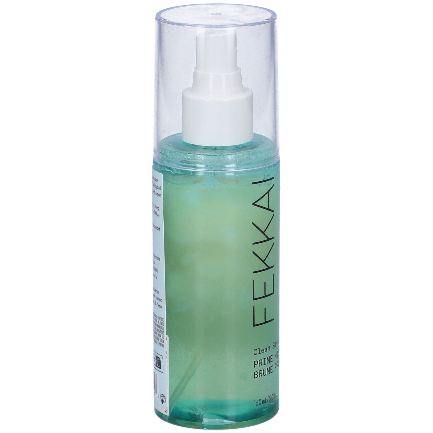 Flacone con vaporizzatore. Scritta FEKKAI, Clean Stylers PRIME MIST. Tappo trasparente.