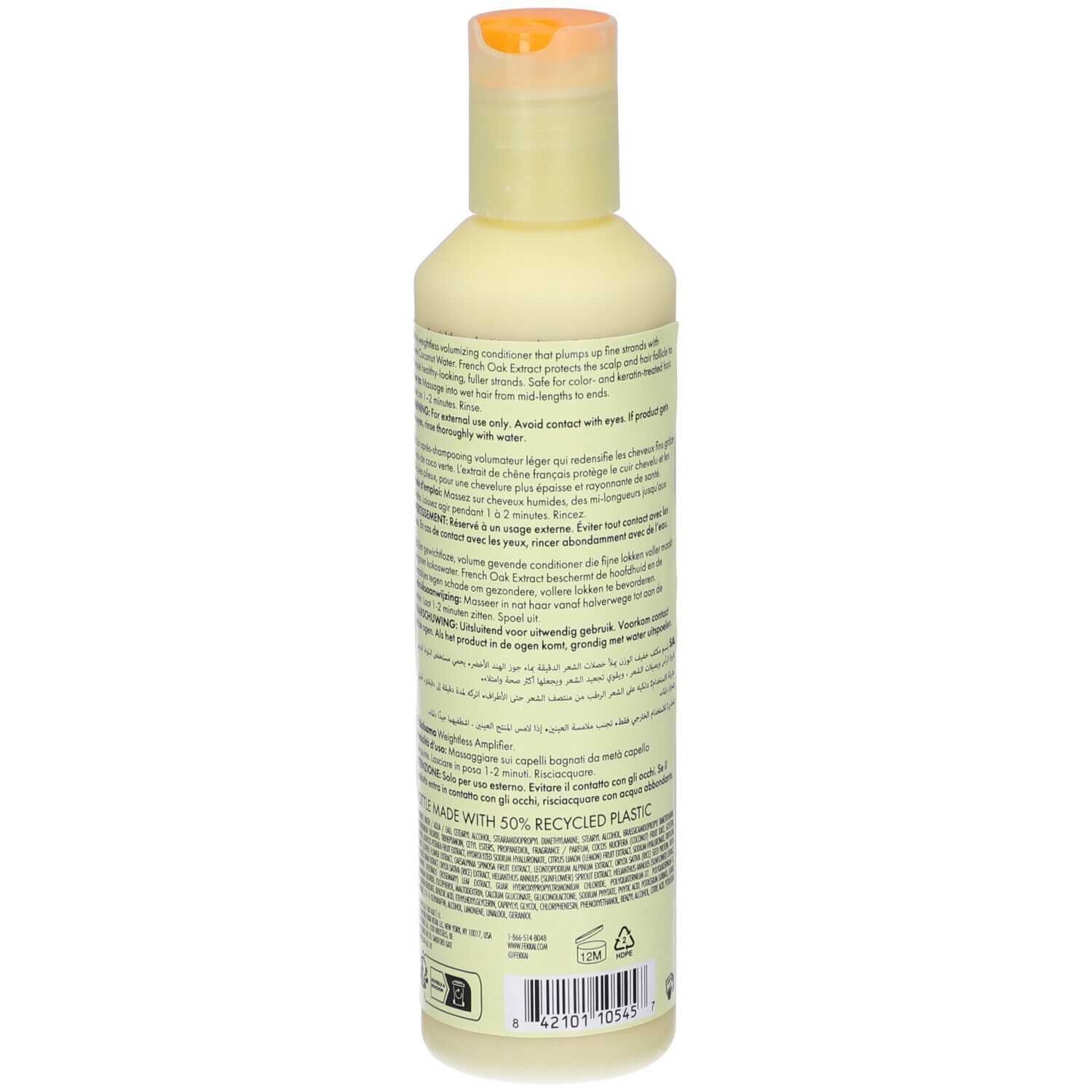 Retro della bottiglia Fekkai Full Blown Balsamo Volumizzante. Testo e informazioni stampati. Bottiglia gialla.