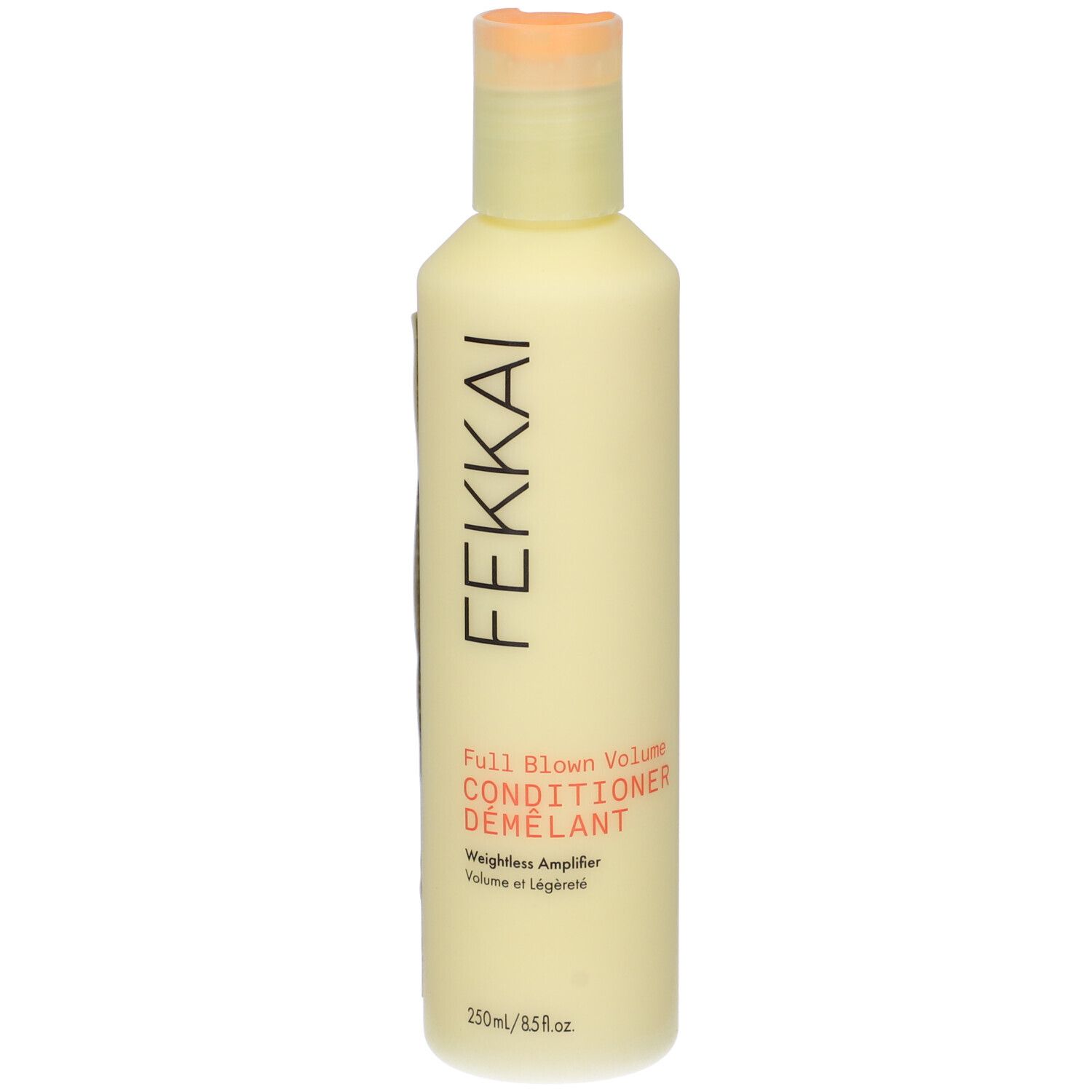 Fekkai Full Blown Balsamo Volumizzante. Bottiglia gialla con tappo a ribalta. Nome del prodotto e marchio stampati.