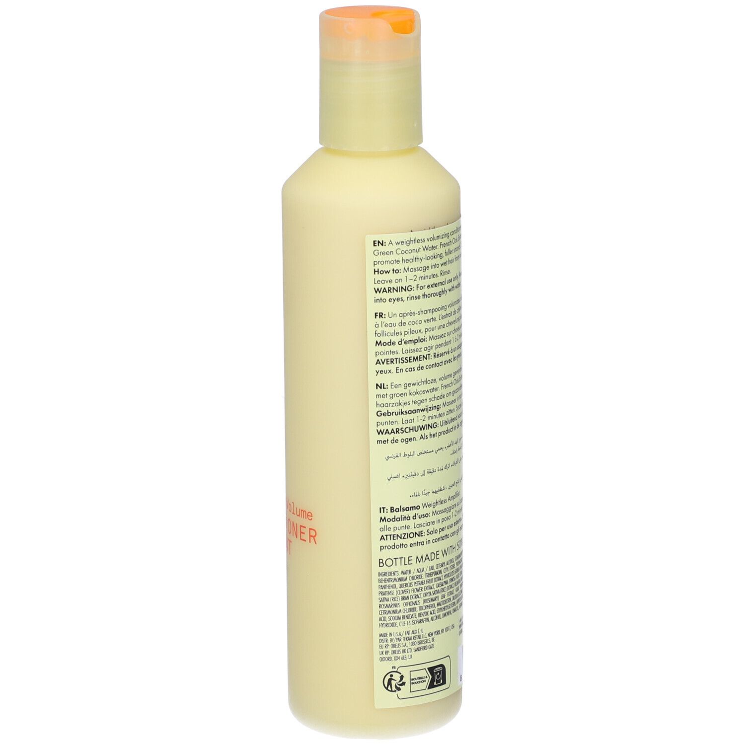 Retro della bottiglia Fekkai Full Blown Balsamo Volumizzante. Testo e informazioni stampati. Bottiglia gialla.