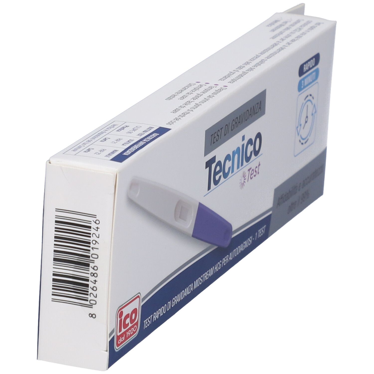 Scatola test di gravidanza Tecnico Test. Codice a barre e logo ico. Scritta: Test di Gravidanza.