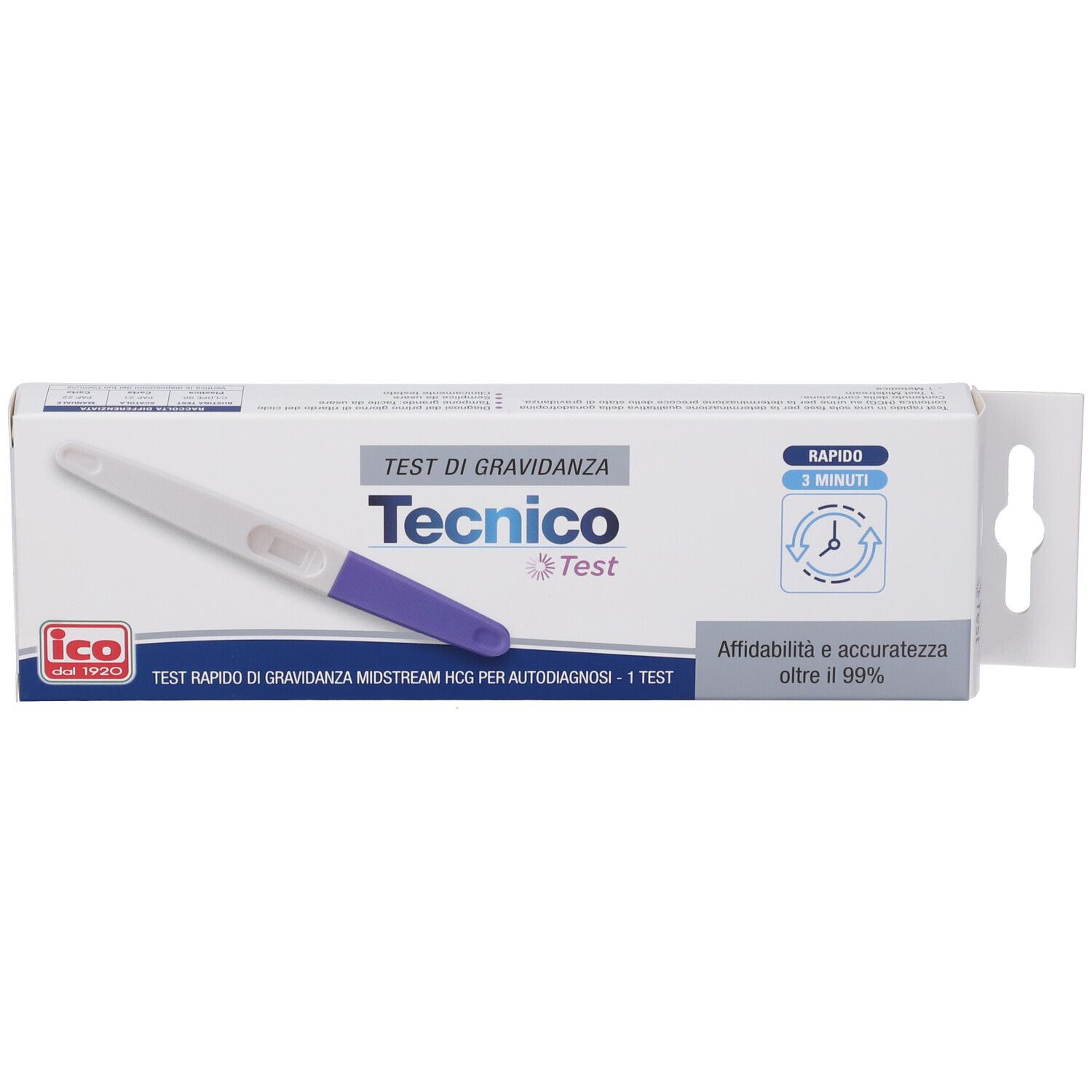 Confezione test di gravidanza Tecnico Test. Logo ico. Scritta: Test di Gravidanza. Risultati rapidi.