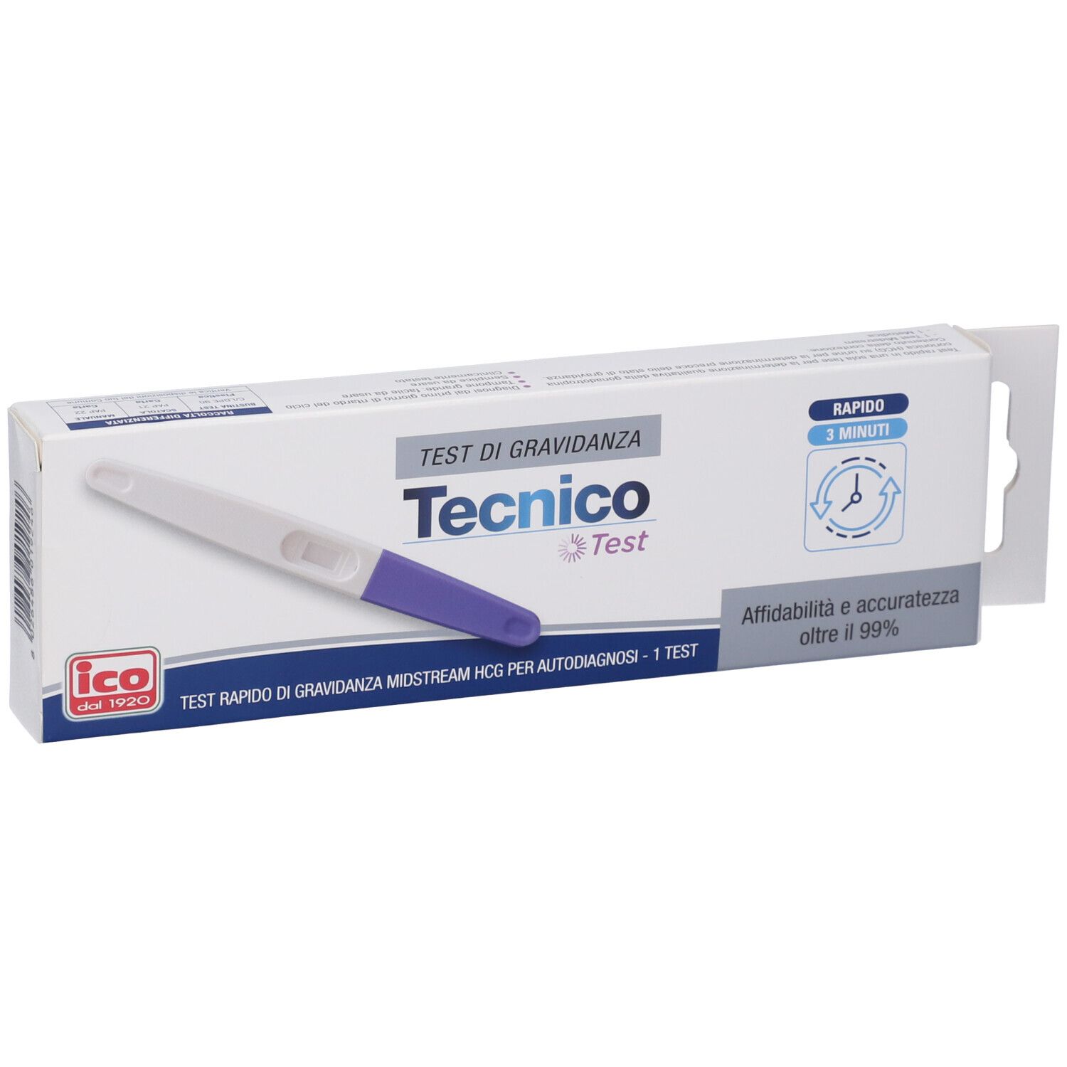 Confezione test di gravidanza Tecnico Test. Logo ico. Scritta: Test di Gravidanza. Risultati rapidi.