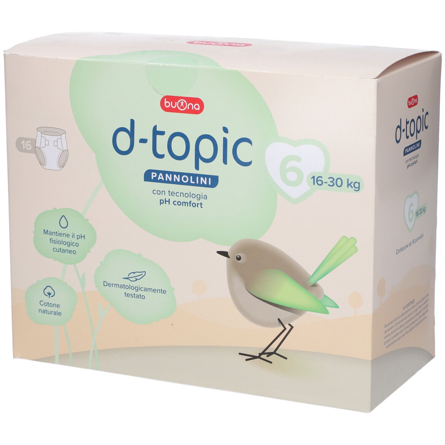 Confezione di pannolini Buona d-topic taglia 6 (16-30 kg). Informazioni e illustrazioni.