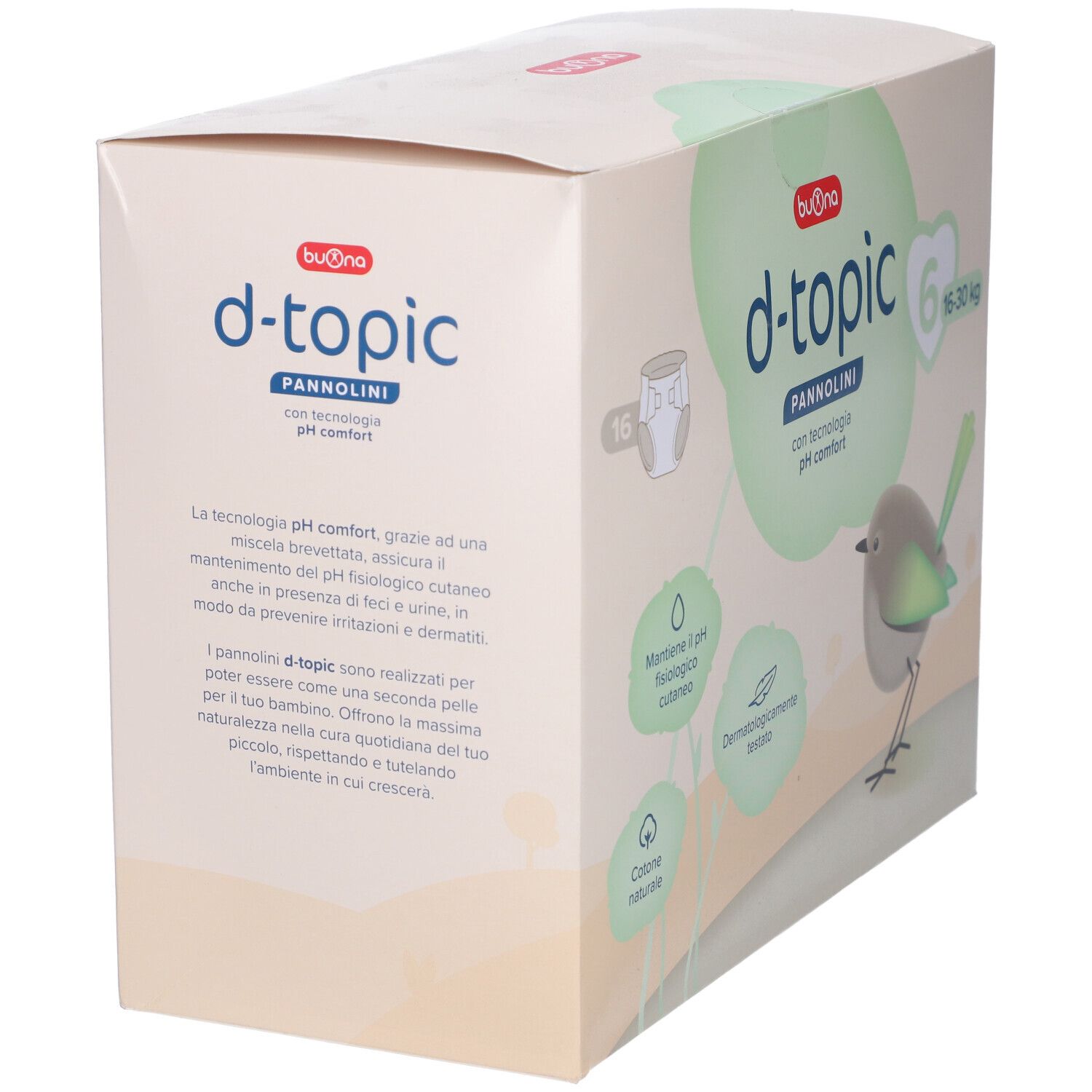 Confezione di pannolini Buona d-topic taglia 6 (16-30 kg). Informazioni e illustrazioni.
