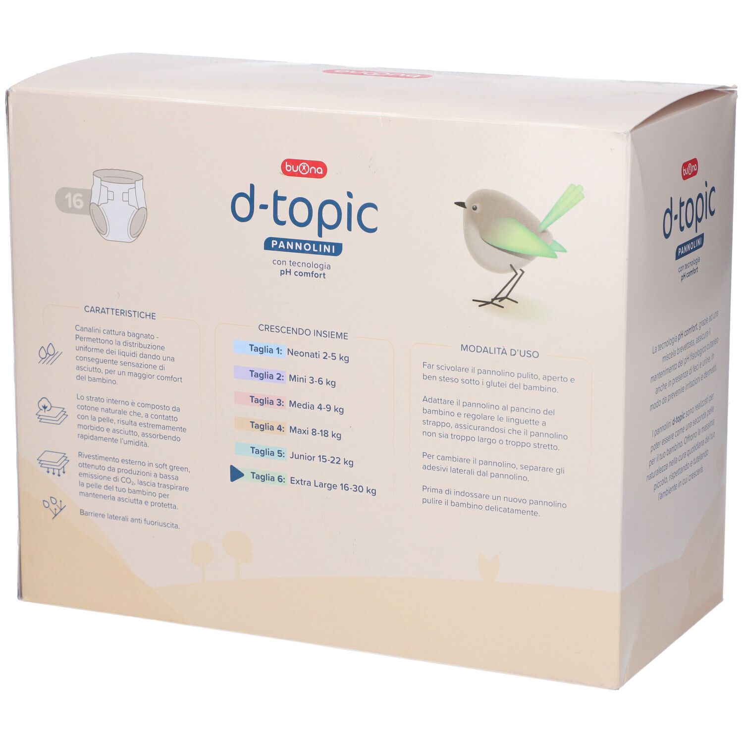 Confezione di pannolini Buona d-topic taglia 6 (16-30 kg). Informazioni e illustrazioni.