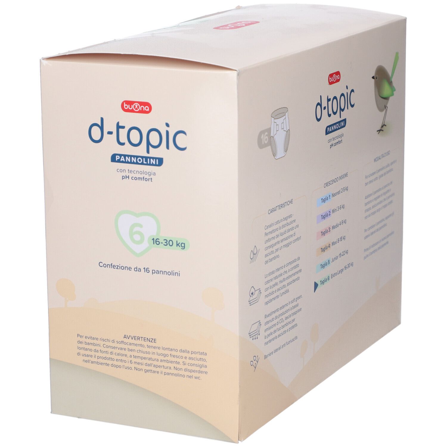 Confezione di pannolini Buona d-topic taglia 6 (16-30 kg). Informazioni e illustrazioni.