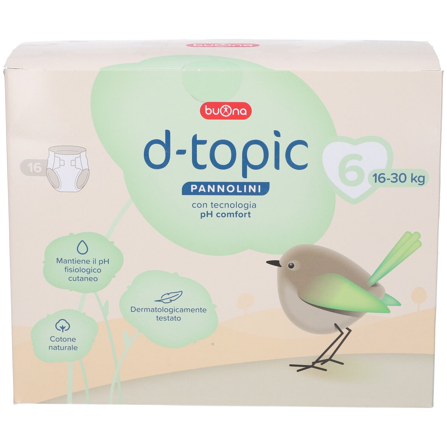 Confezione di pannolini Buona d-topic taglia 6 (16-30 kg). Informazioni e illustrazioni.