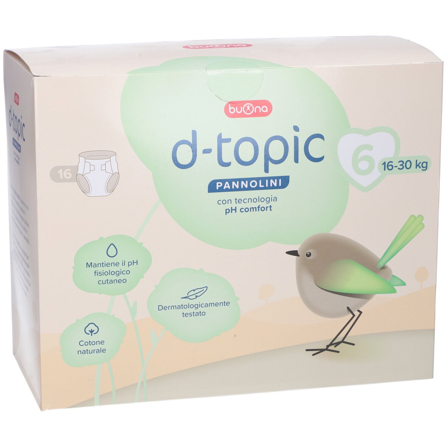 Confezione di pannolini Buona d-topic taglia 6 (16-30 kg). Informazioni e illustrazioni.
