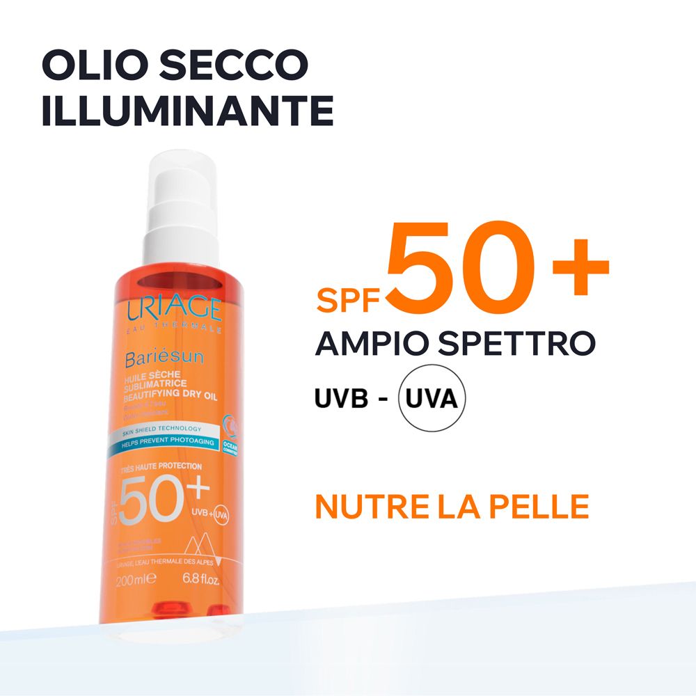 Pubblicità per Uriage Bariésun Olio Secco Illuminante Spray SPF50+. Testo: SPF50+ Ampio Spettro UVB-UVA. Nutre la pelle.