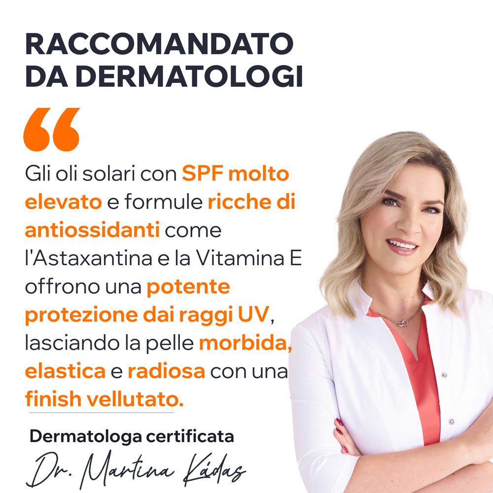 Donna con camice bianco. Testo: I dermatologi raccomandano oli con SPF alto e antiossidanti come astaxantina e vitamina E.