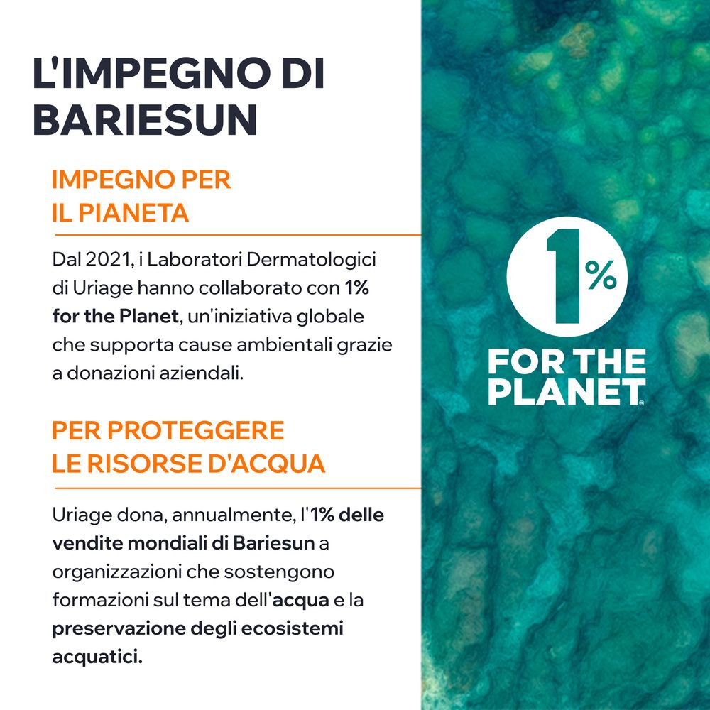 Testo: Impegno di Bariésun. 1% for the Planet. Protezione delle risorse idriche. Uriage dona l'1% delle vendite mondiali.