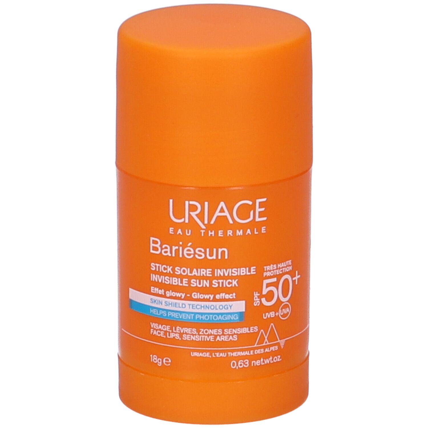 Stick solare arancione. Scritta: Uriage, Bariésun, Invisible Sun Stick SPF 50+. Per viso, labbra, zone sensibili.
