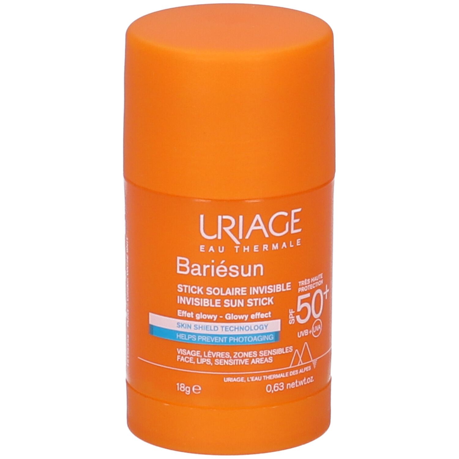 Stick solare arancione. Scritta: Uriage, Bariésun, Invisible Sun Stick SPF 50+. Per viso, labbra, zone sensibili.