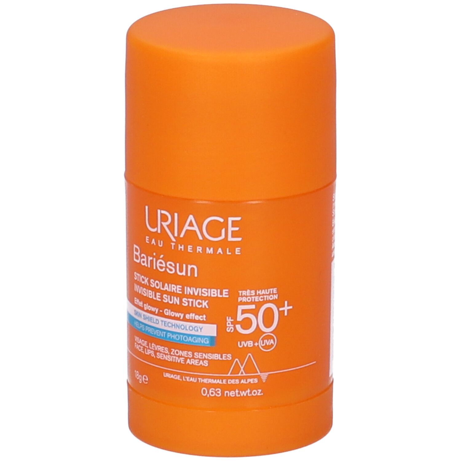 Stick solare arancione. Scritta: Uriage, Bariésun, Invisible Sun Stick SPF 50+. Per viso, labbra, zone sensibili.