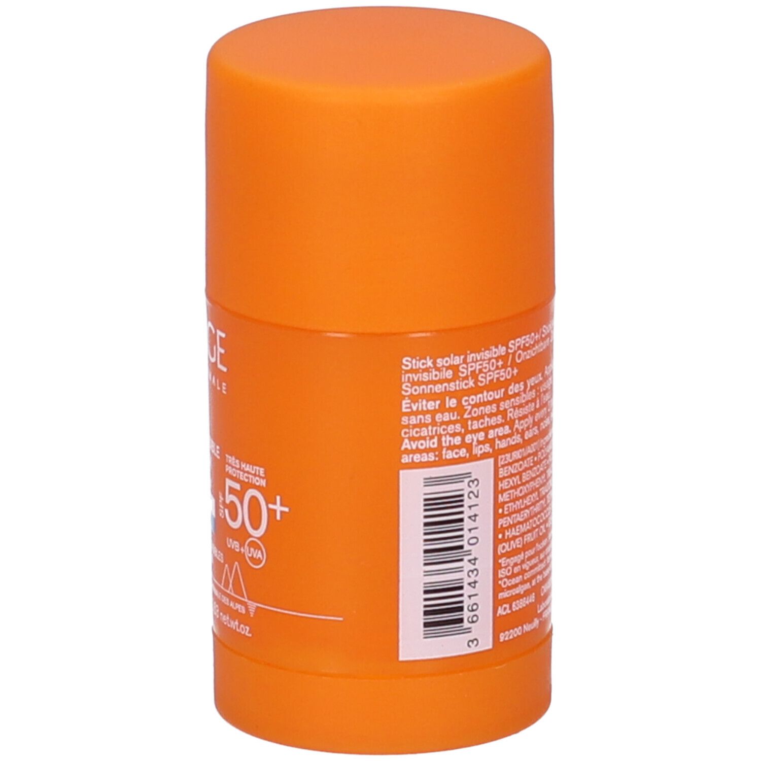 Stick arancione. Retro. Informazioni e ingredienti. Protezione solare SPF 50+.