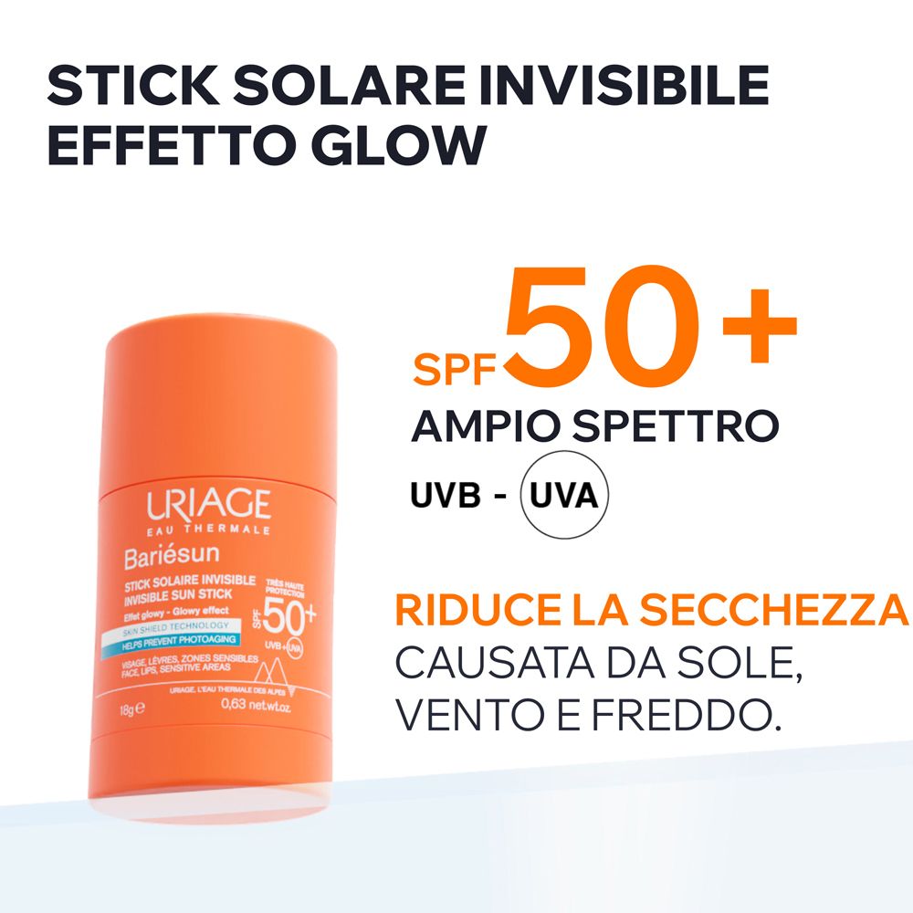 Immagine con testo. Stick Solare Invisibile, SPF 50+. Riduce la secchezza causata da sole, vento e freddo.