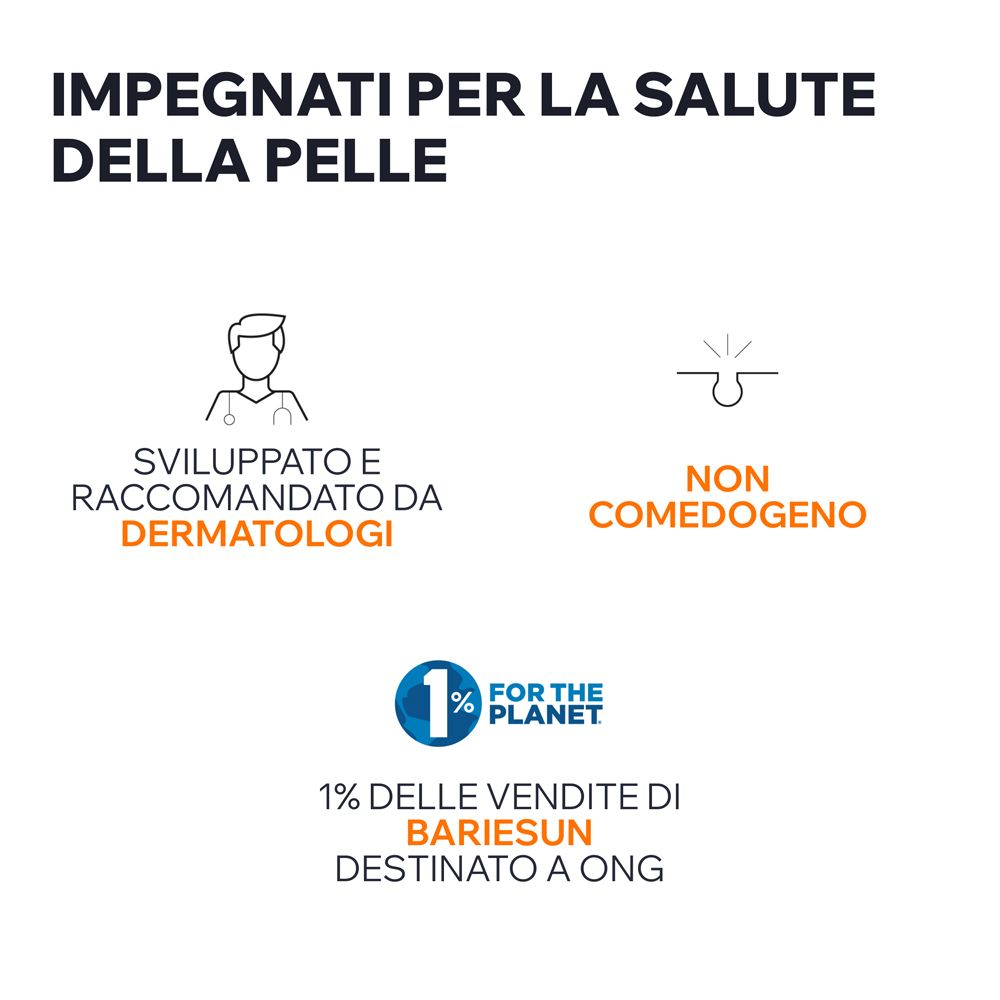 Simboli: Raccomandato dai dermatologi, non comedogenico. 1% delle vendite di Bariésun per le ONG.