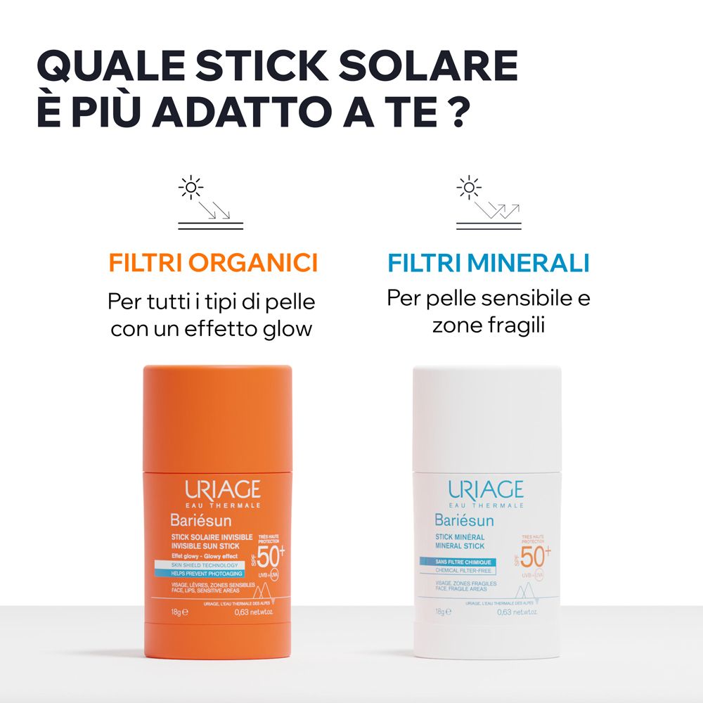 Confronto tra due stick. Filtri organici vs. Filtri minerali. Per tutti i tipi di pelle vs. pelli sensibili.